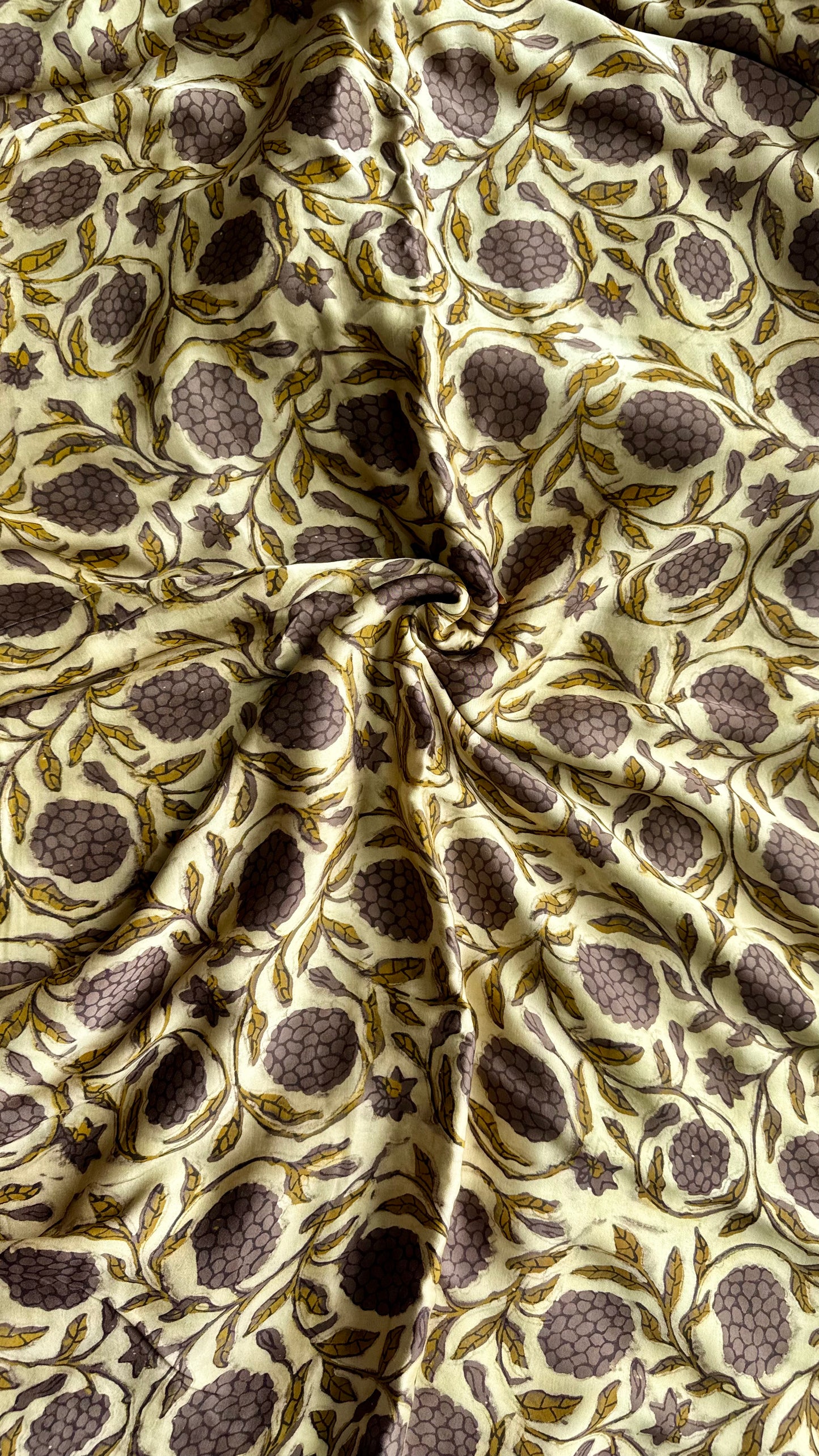 Beige Shade Grape Cluster Motif Vanaspati Hand Block Print Pure Modal Silk Fabric