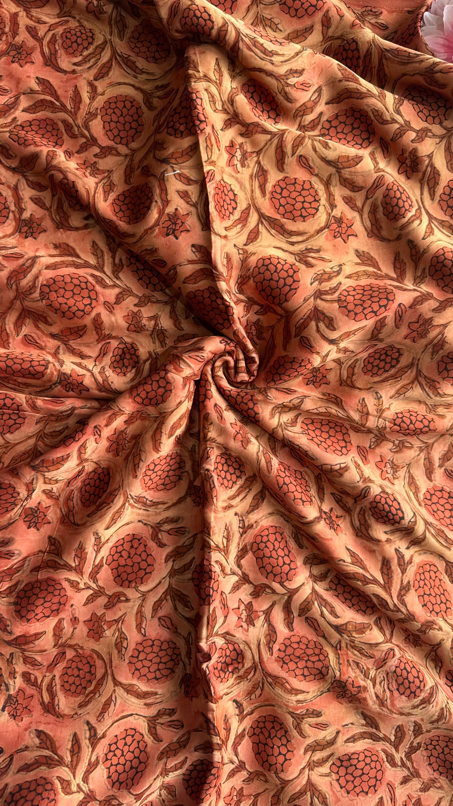 Brick Red Grape Cluster Motif Vanaspati Hand Block Print Pure Modal Silk Fabric