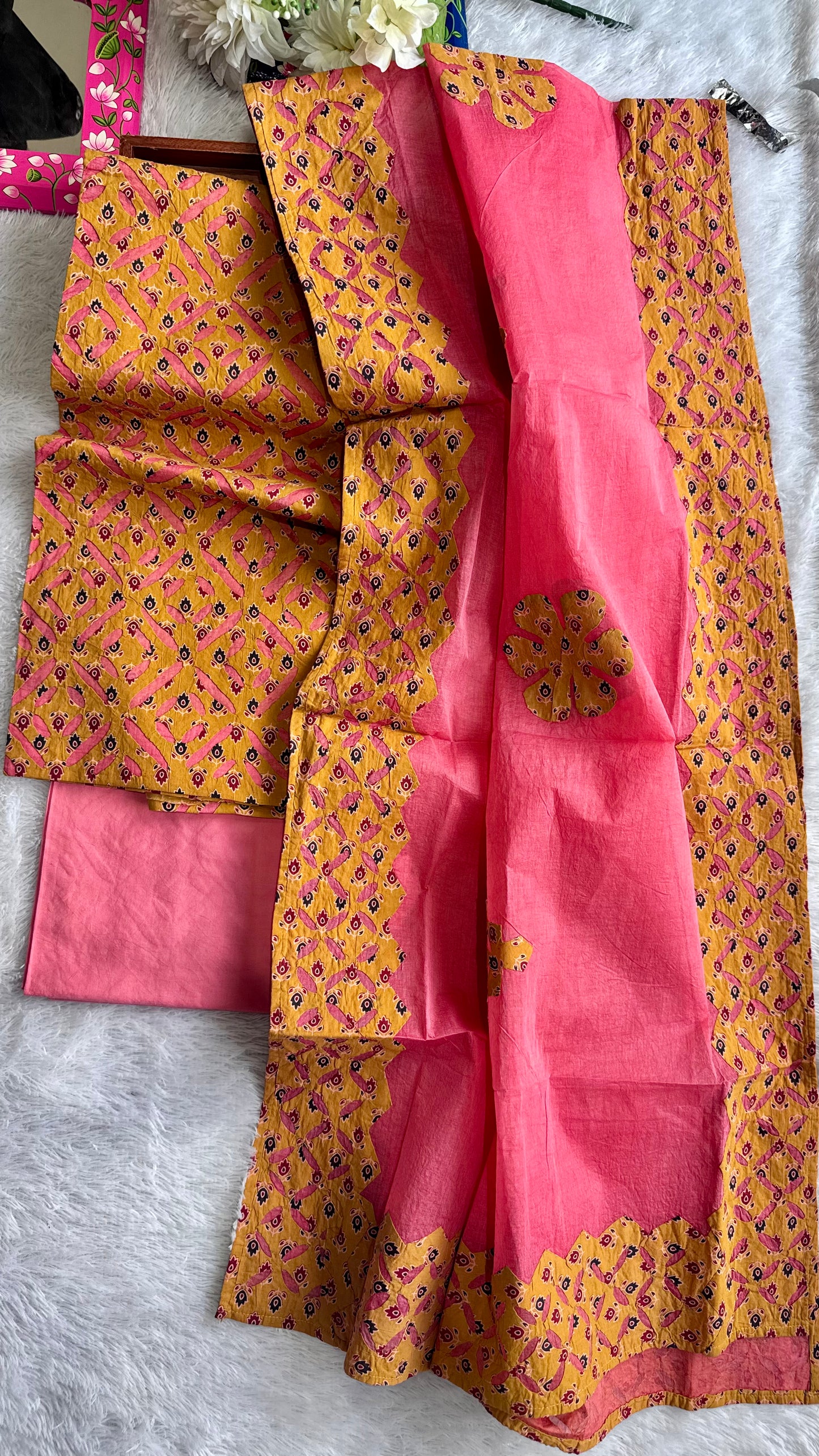 Pink Ajrakh Pure Cotton Applique Suit Set with Ajrakh Applique CutWork Dupatta