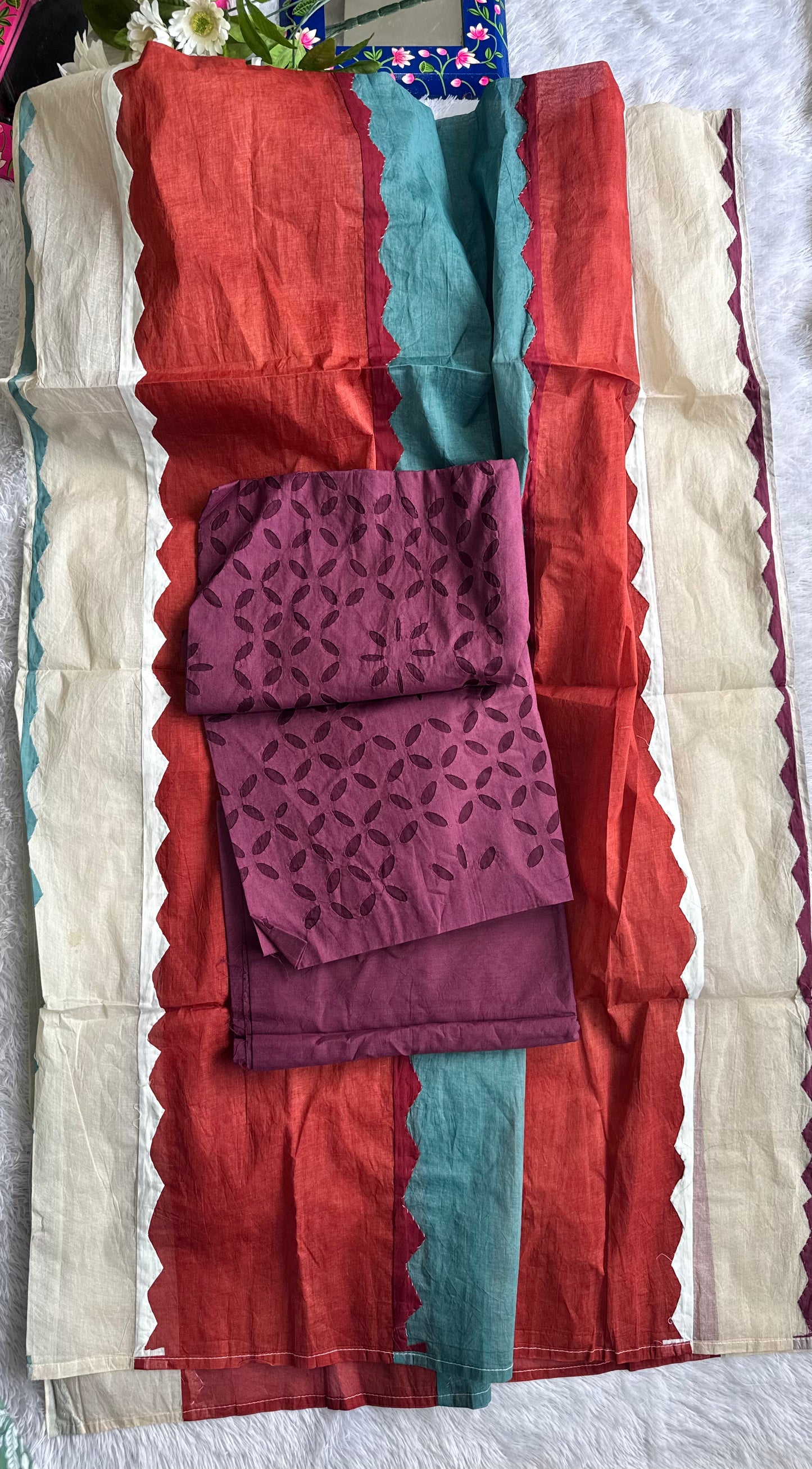 Plum Shade Pure Cotton Applique Suit Set with Multicolor Applique CutWork Dupatta