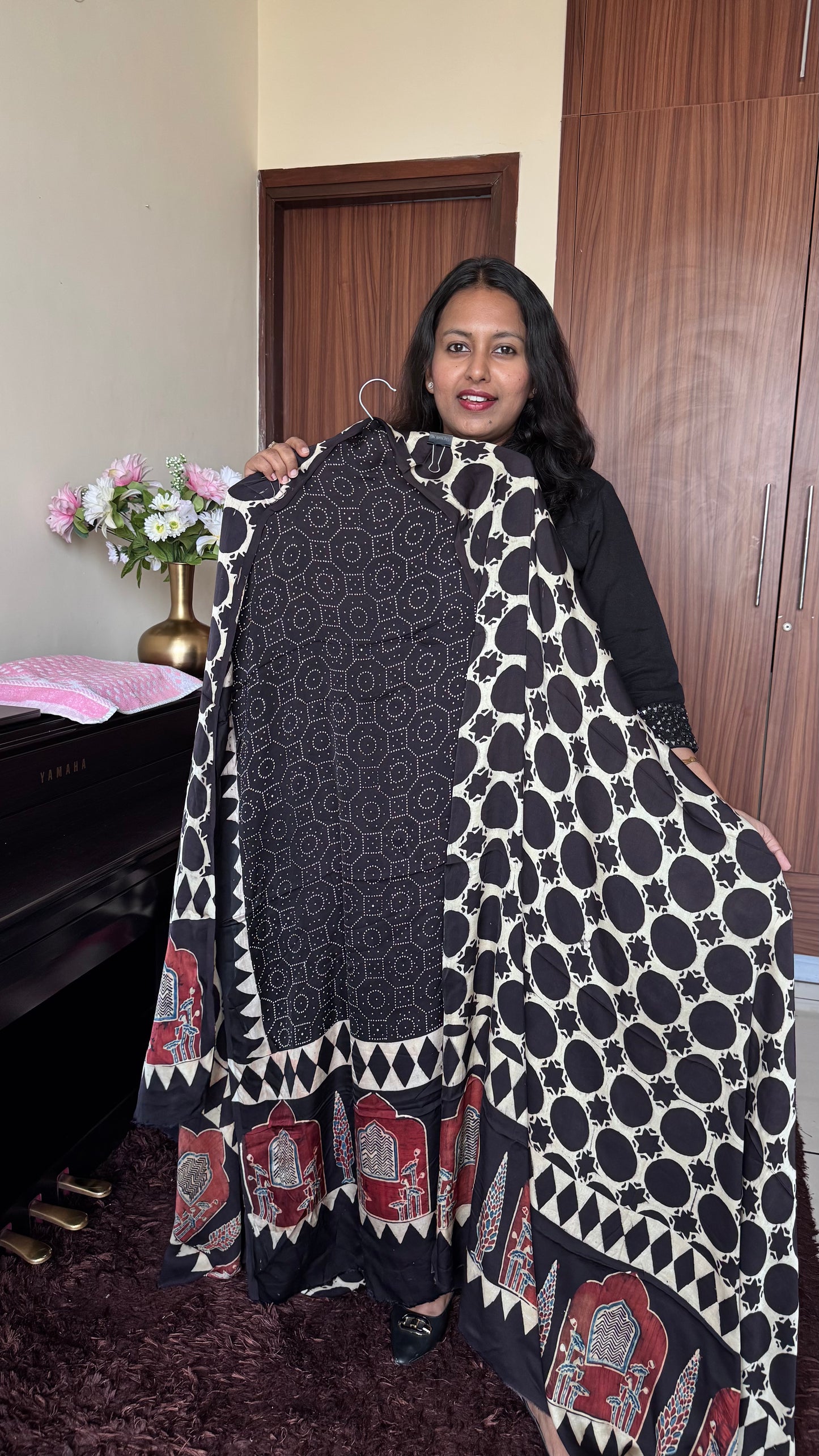 Black Hexagon Motif Modal Silk Ajrakh Hand Block 2 pc Suit Set with Modal Silk Dupatta