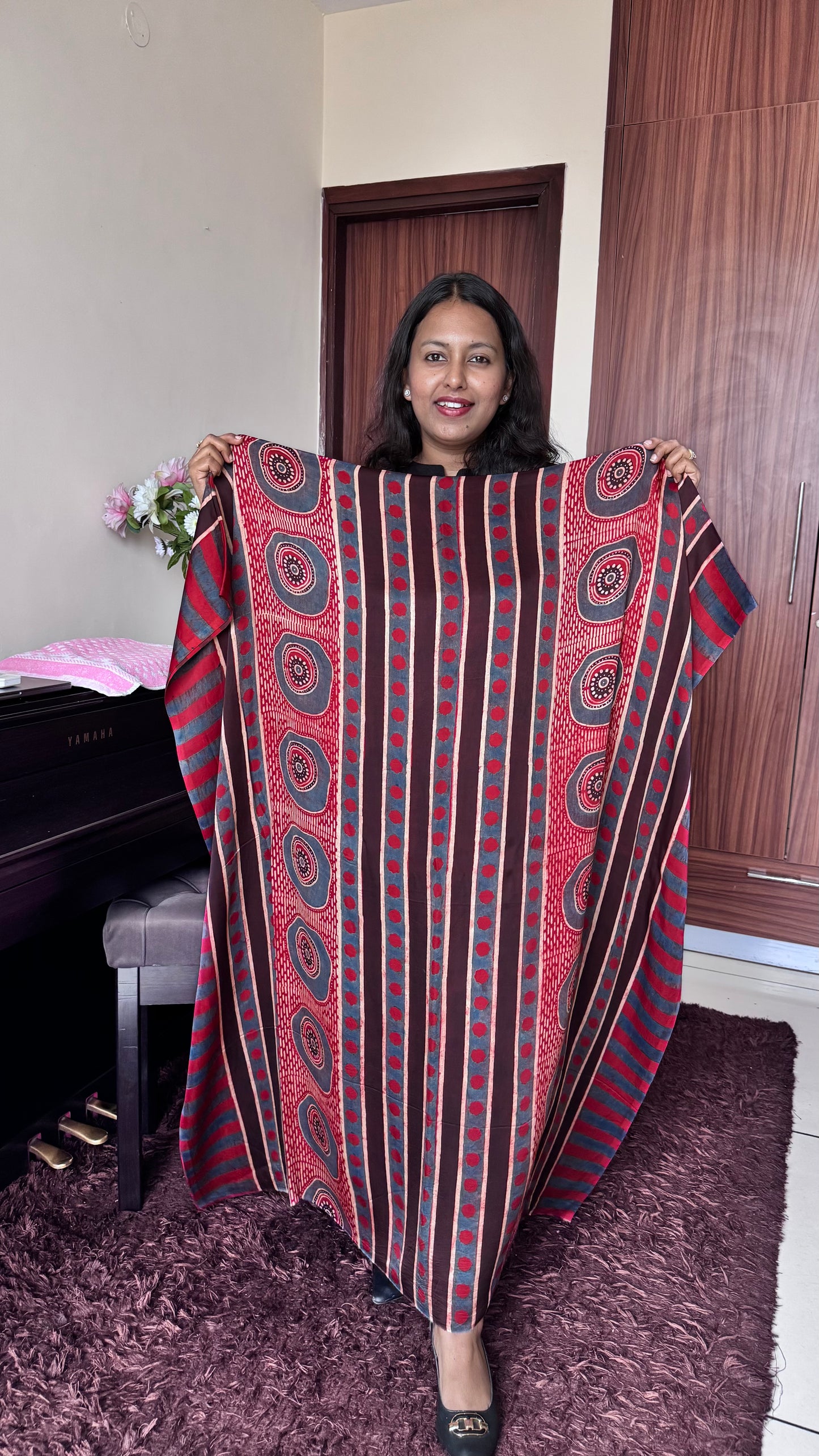 Red Stripes and Jharokha Motif Modal Silk Ajrakh Hand Block Print Designer Unstitched Fabric (Kurta Only)