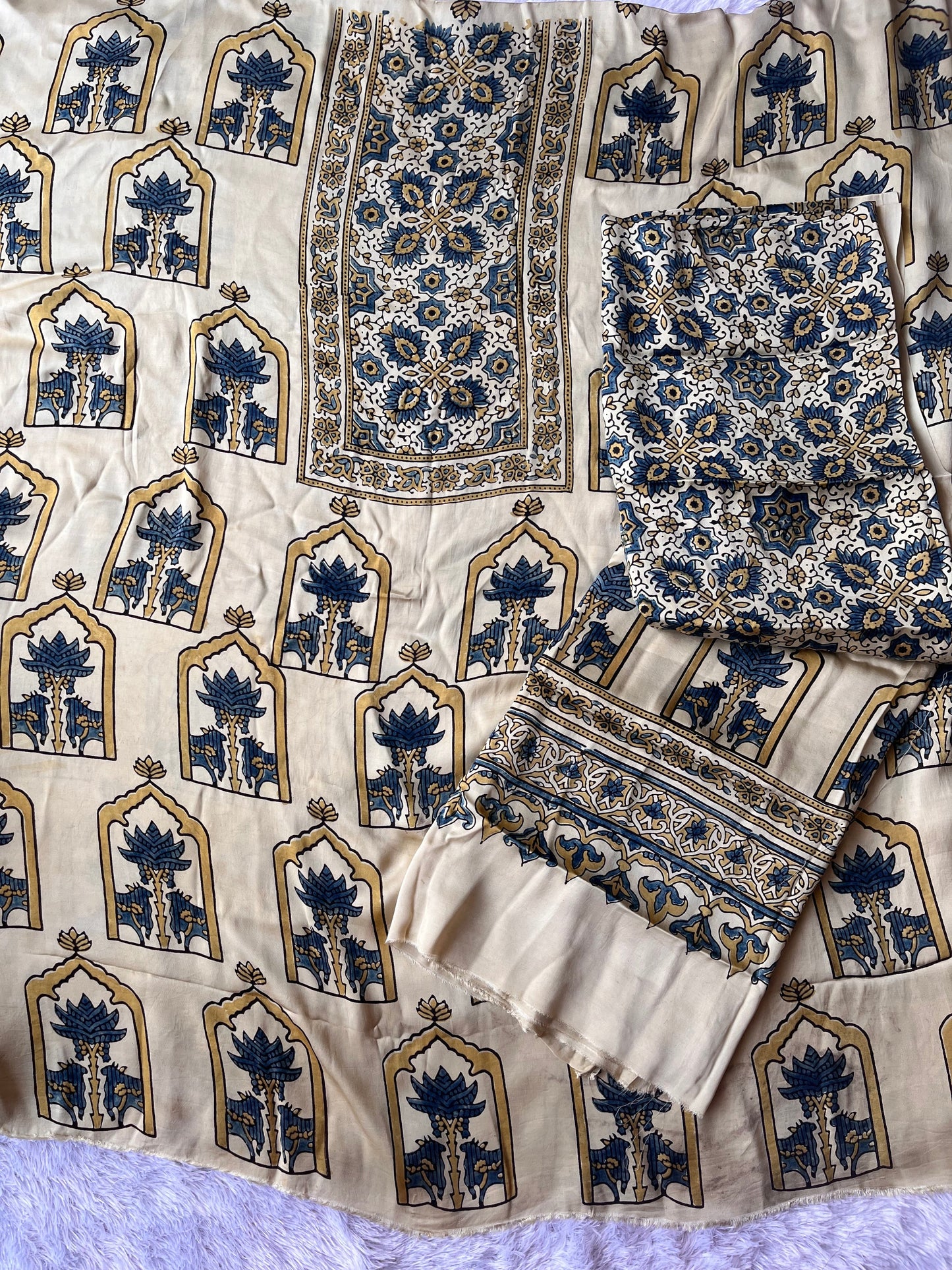 Off White Kamdhenu and Jharokha Motif Modal Silk Suit Material with Ajrakh Modal Dupatta