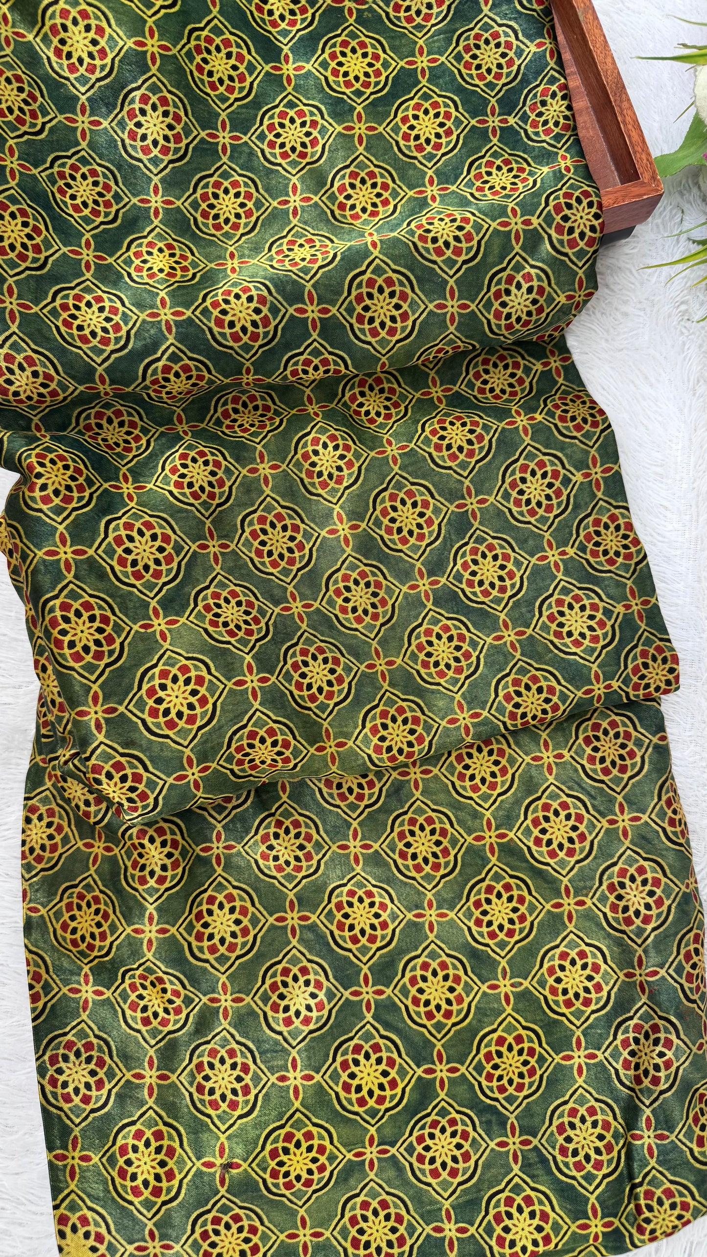 Green Mustard Shade Jaal Motif Ajrakh Mashru Silk fabric