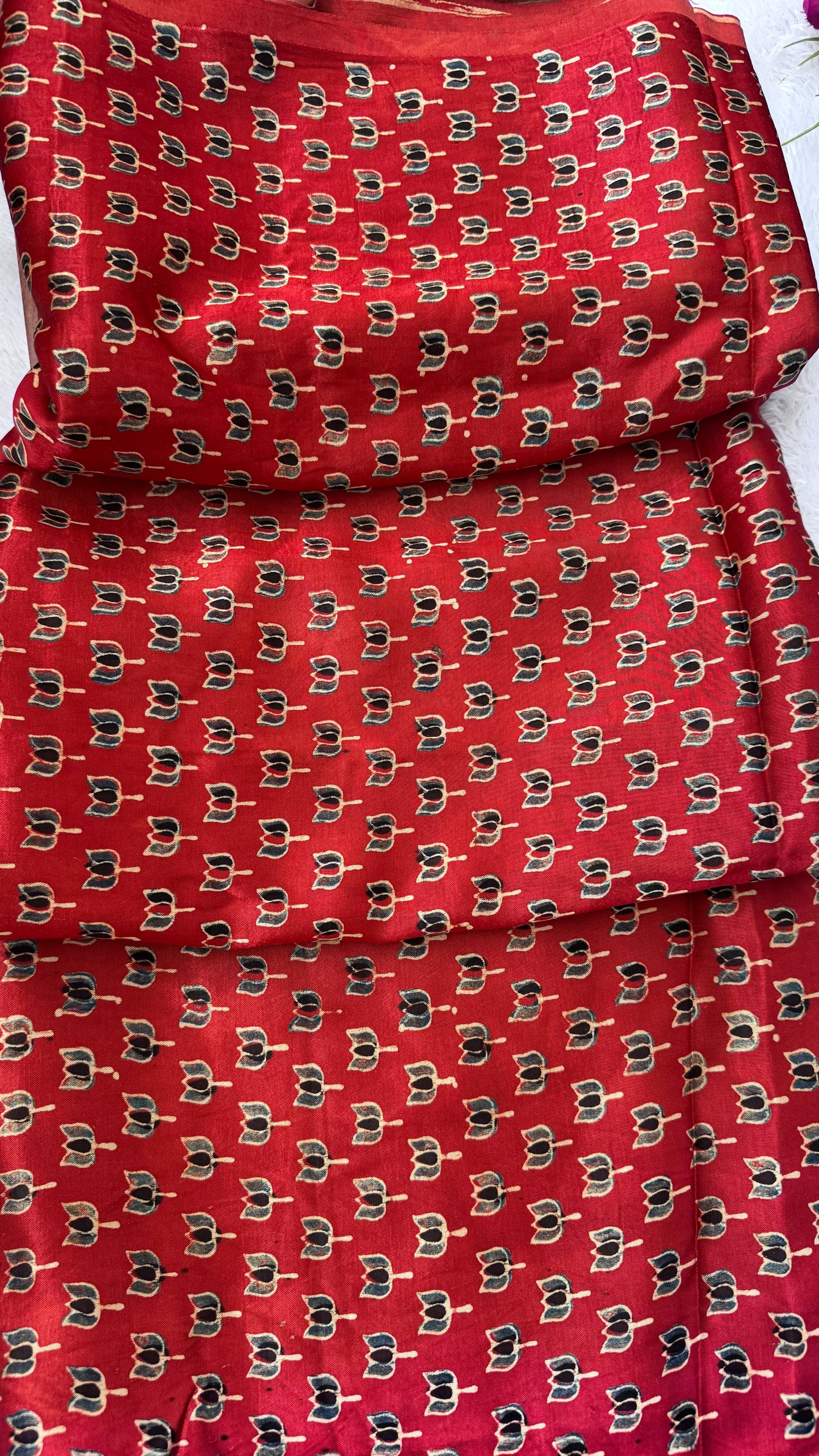 Red Kamal Buti Motif Ajrakh Mashru Silk fabric