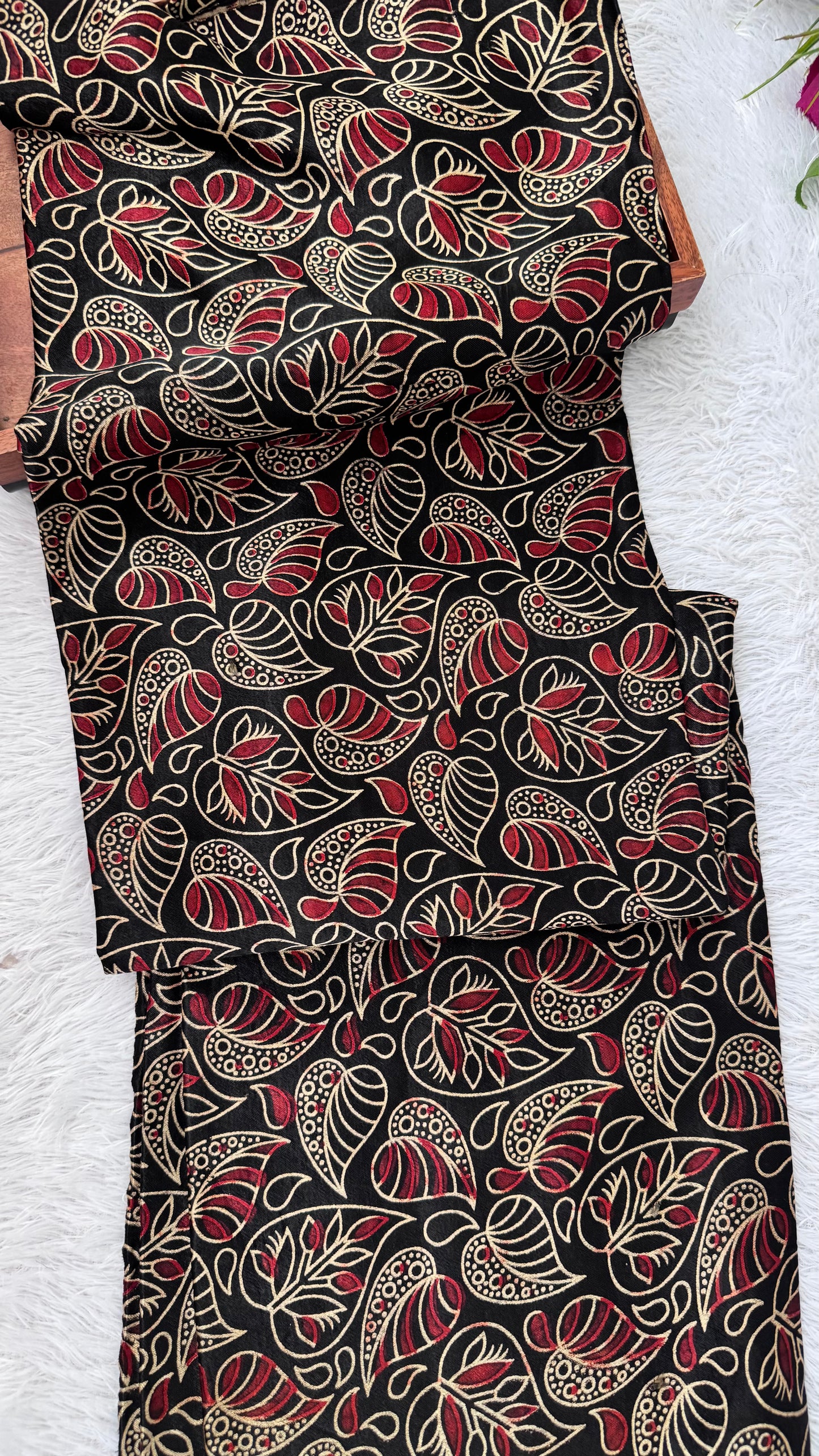 Black Shade Leaf Jaal Motif Ajrakh Mashru Silk fabric