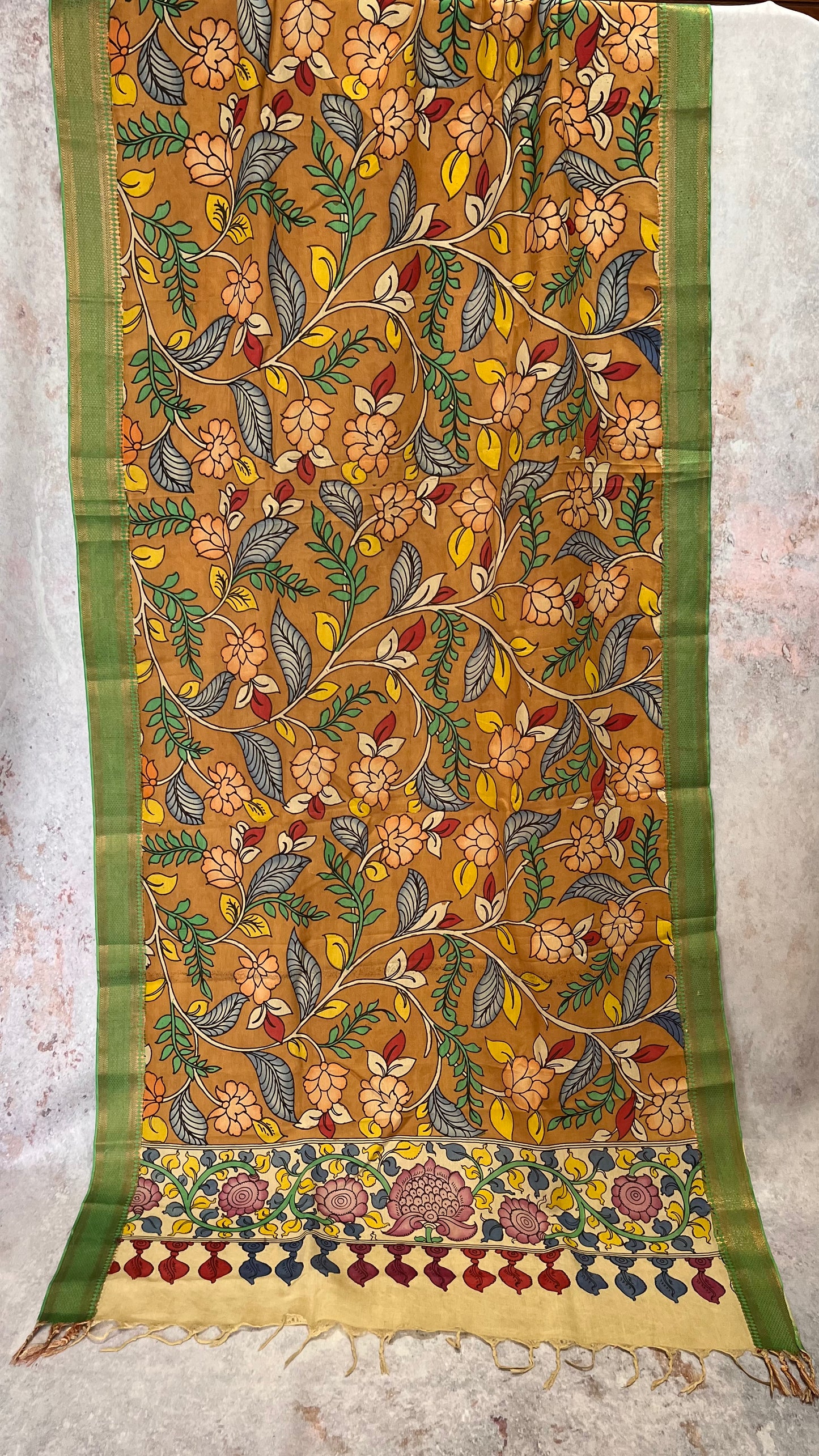 Mehendi Green Flowers Hand-painted KalamkariBangalore Silk Dupatta with Zari Border
