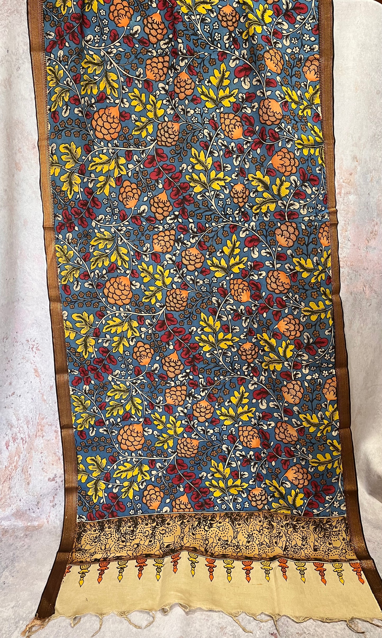 Blue Multicolour Flowers Hand-painted KalamkariBangalore Silk Dupatta with Zari Border
