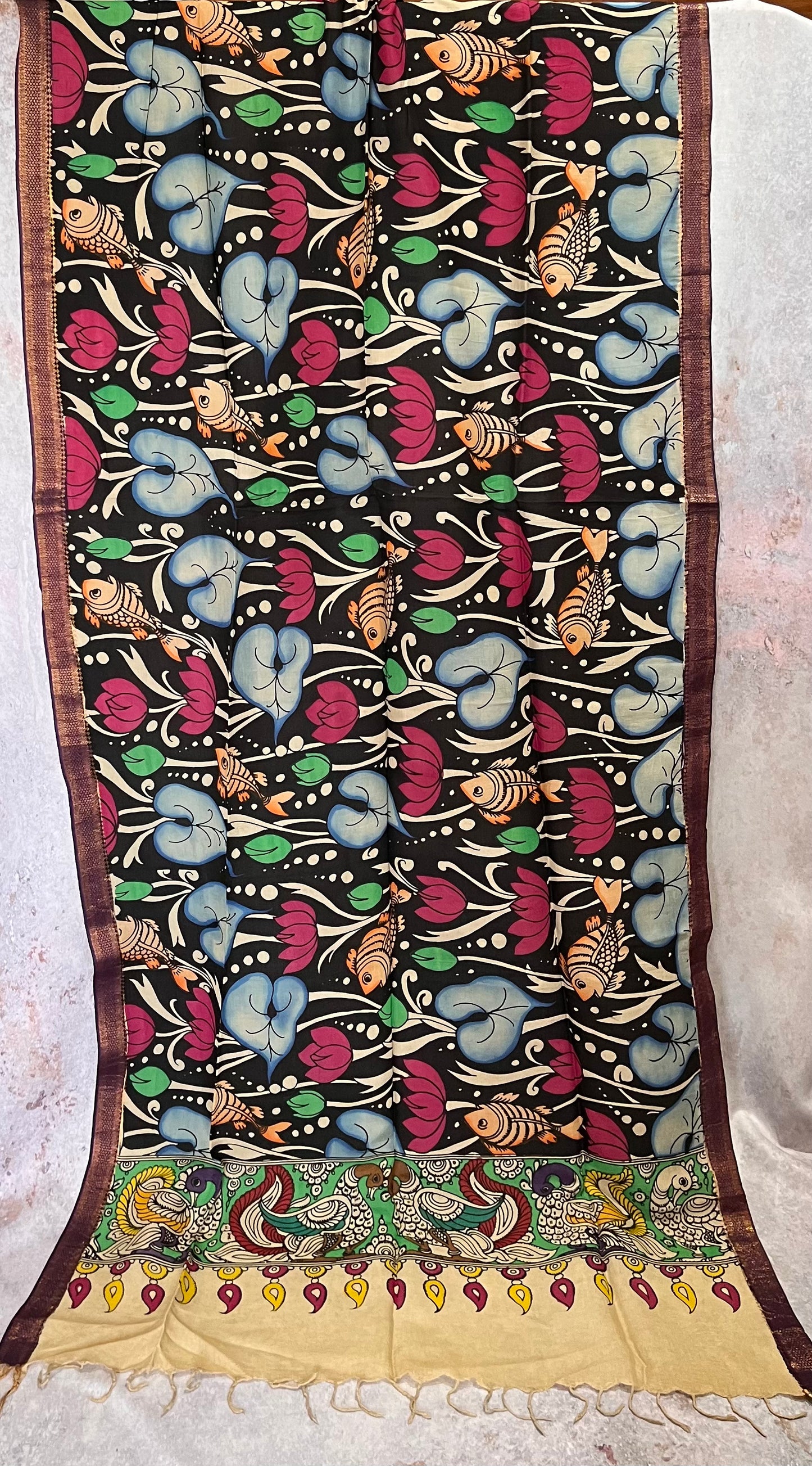 Black Matsya and Lotus Hand-painted KalamkariBangalore Silk Dupatta with Zari Border