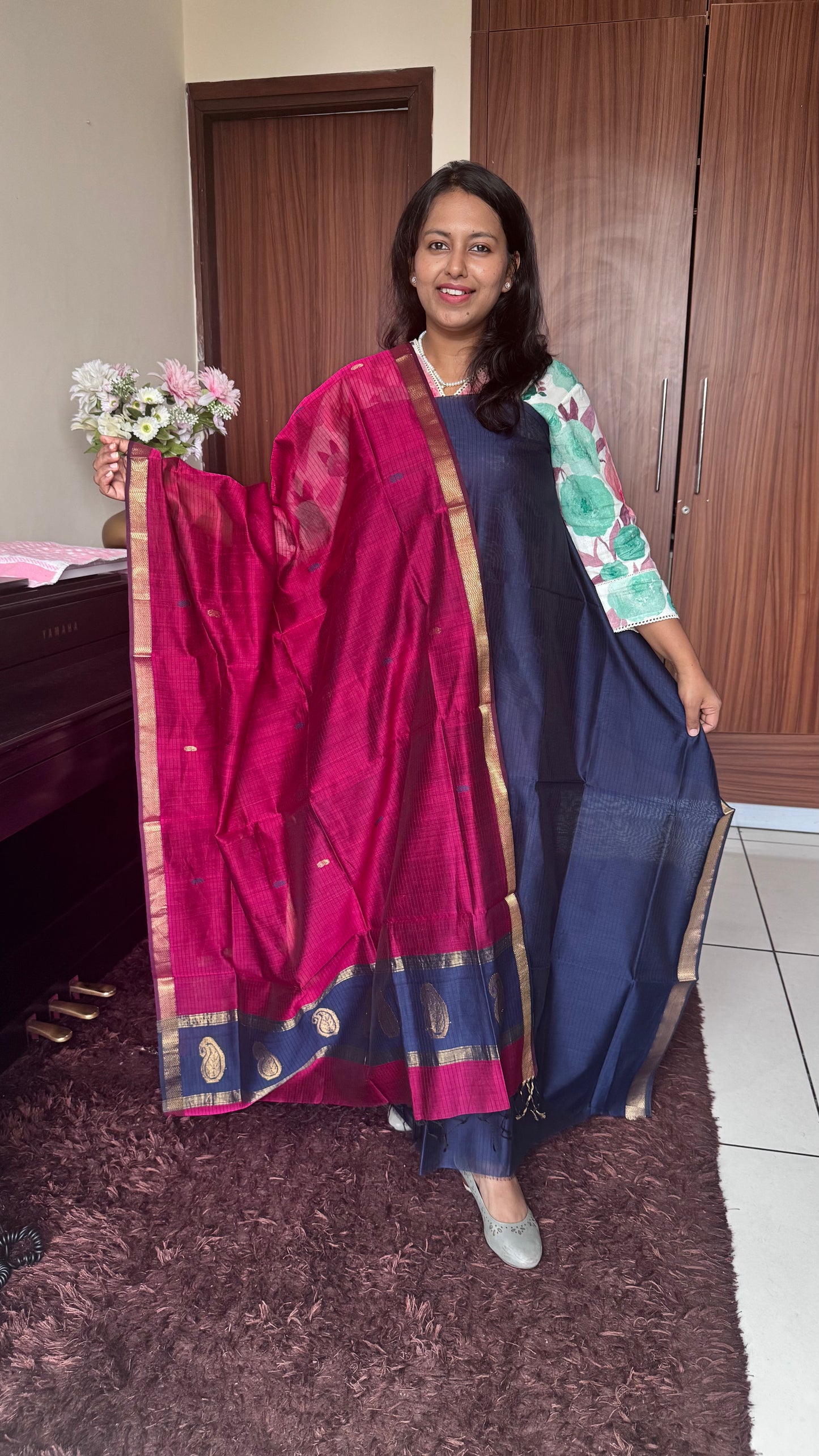 Deep Blue Handwoven Maheshwari Silk Cotton 2 Pc Suit with Dupatta