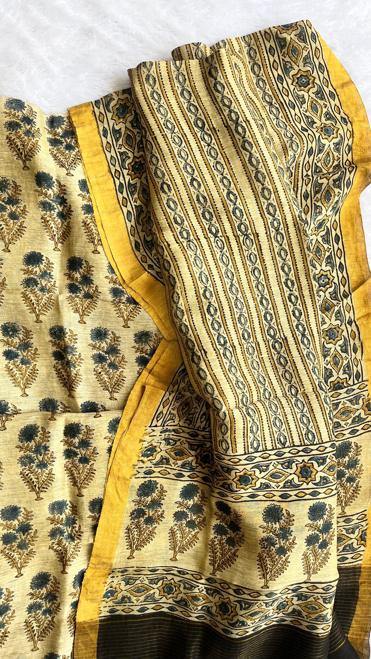 Off White Mugal Boota Pure Ajrakh Linen 2 pc Suit Material