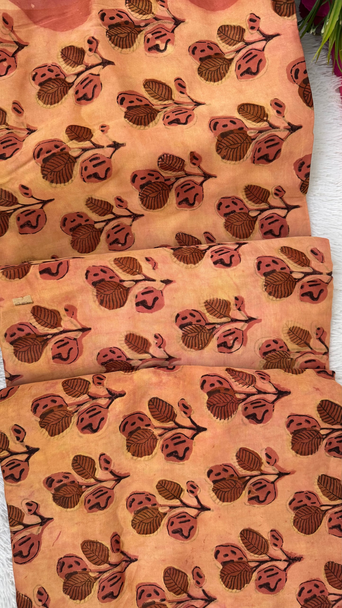 Brick Red Shade Leaf Cluster Motif Vanaspati Hand Block Print Pure Modal Silk Fabric