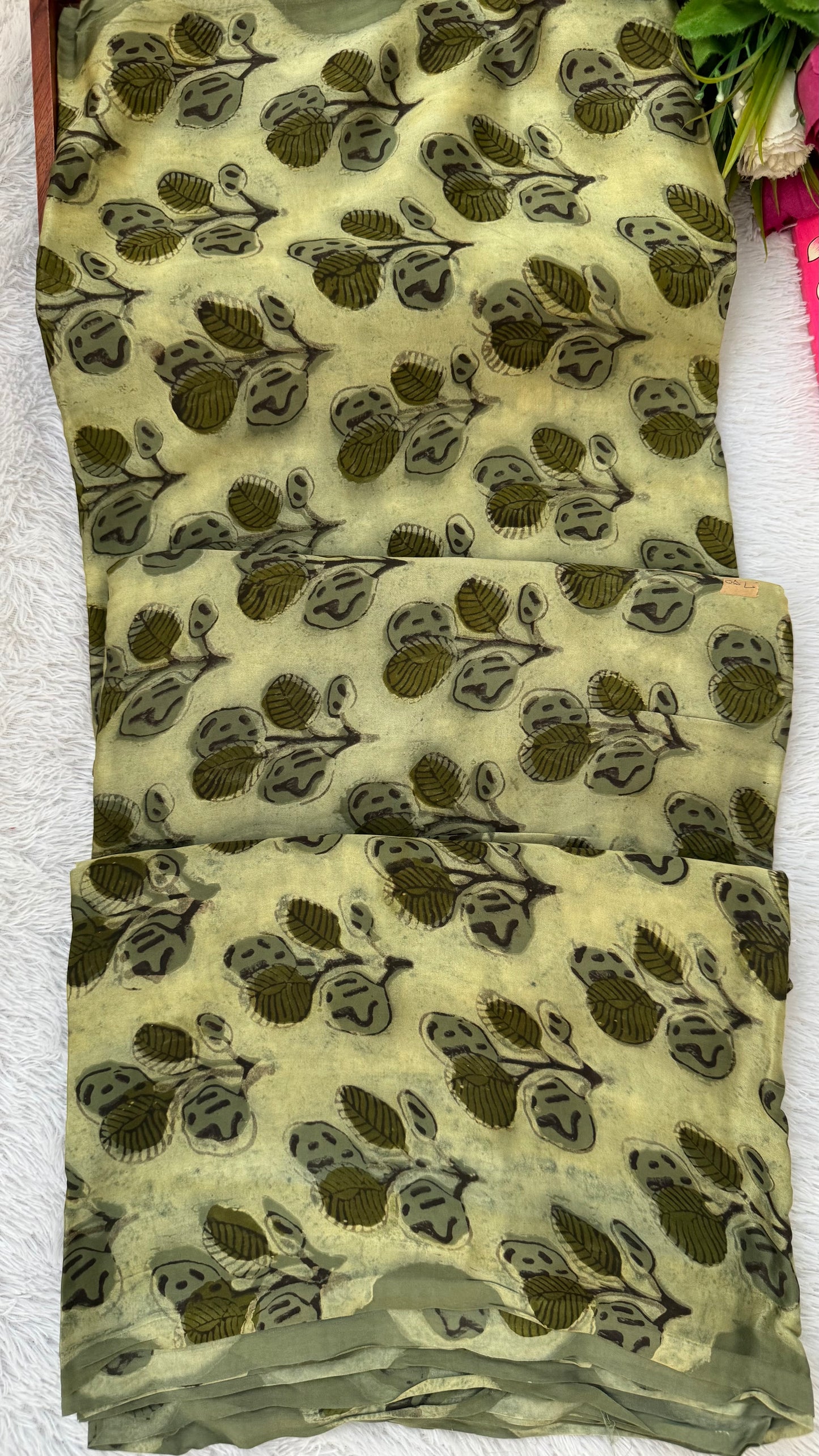 Pinkish Brown Leaf Cluster Motif Vanaspati Hand Block Print Pure Modal Silk Fabric