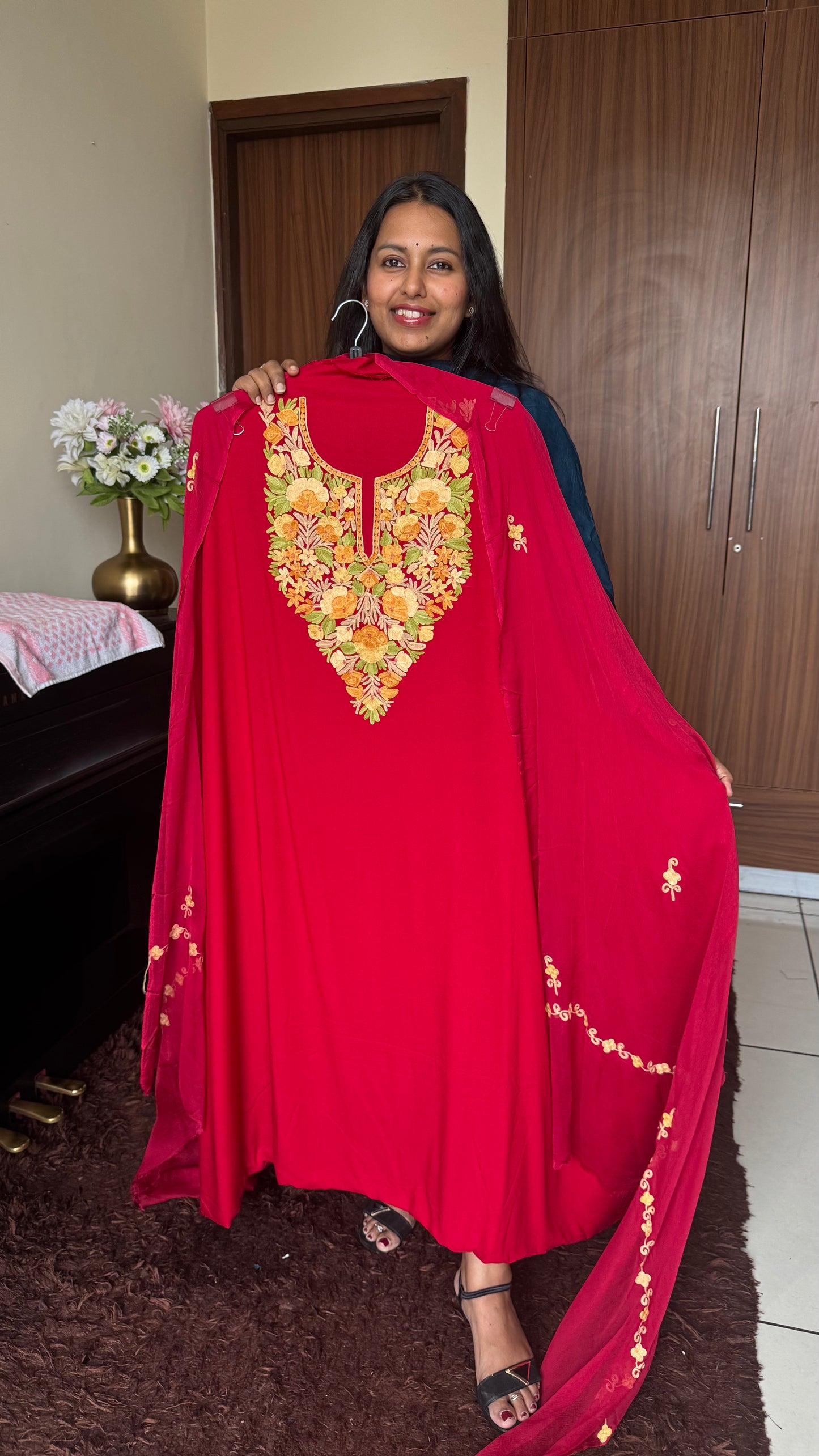 Brick Red Kashmiri Aari Embroidered 3pc Suit Set with Embroidered Muslin Dupatta