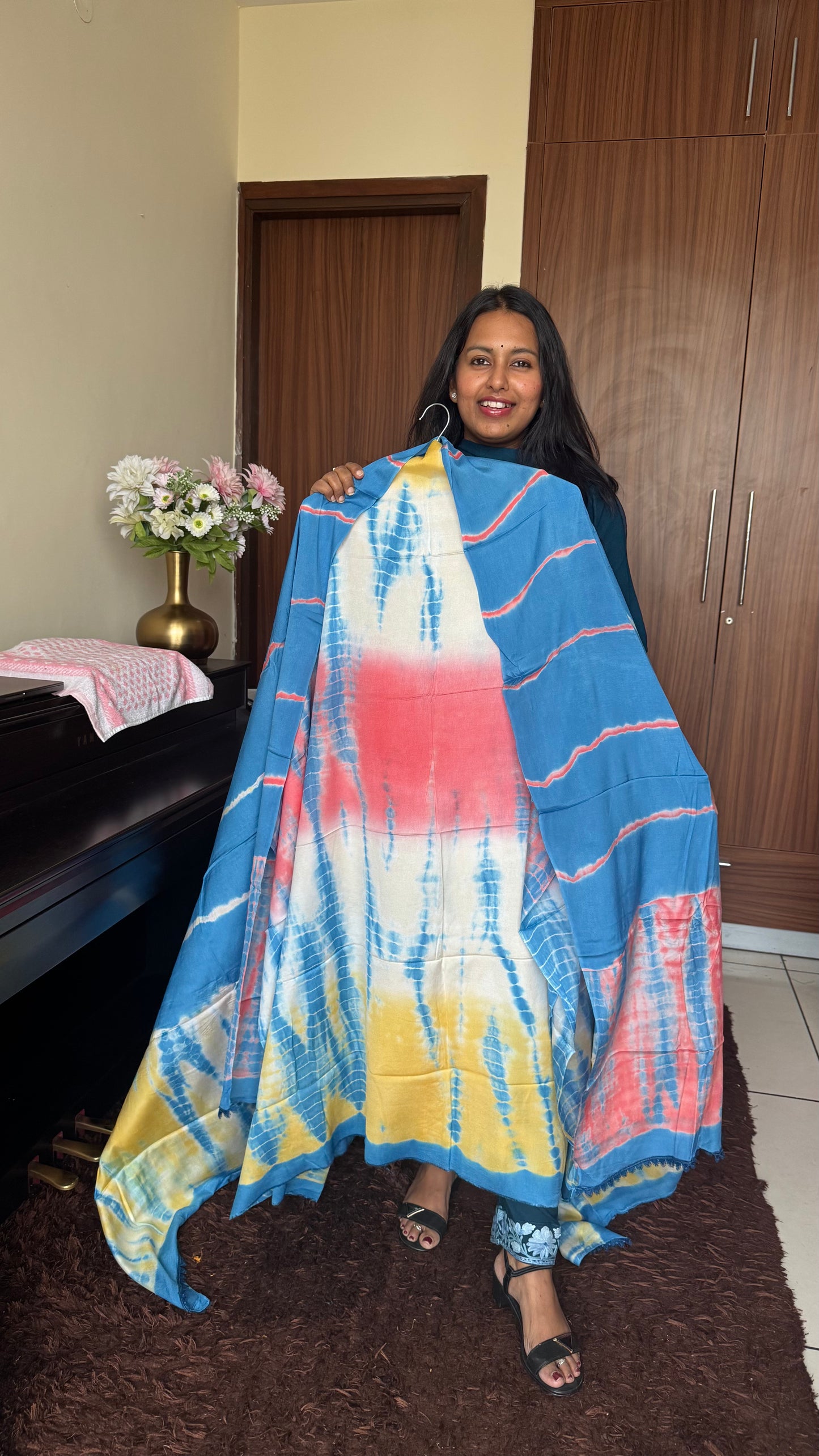 Indigo Blue Shibori Print Chinon Chiffon Suit Set with Matching Dupatta and Bottom