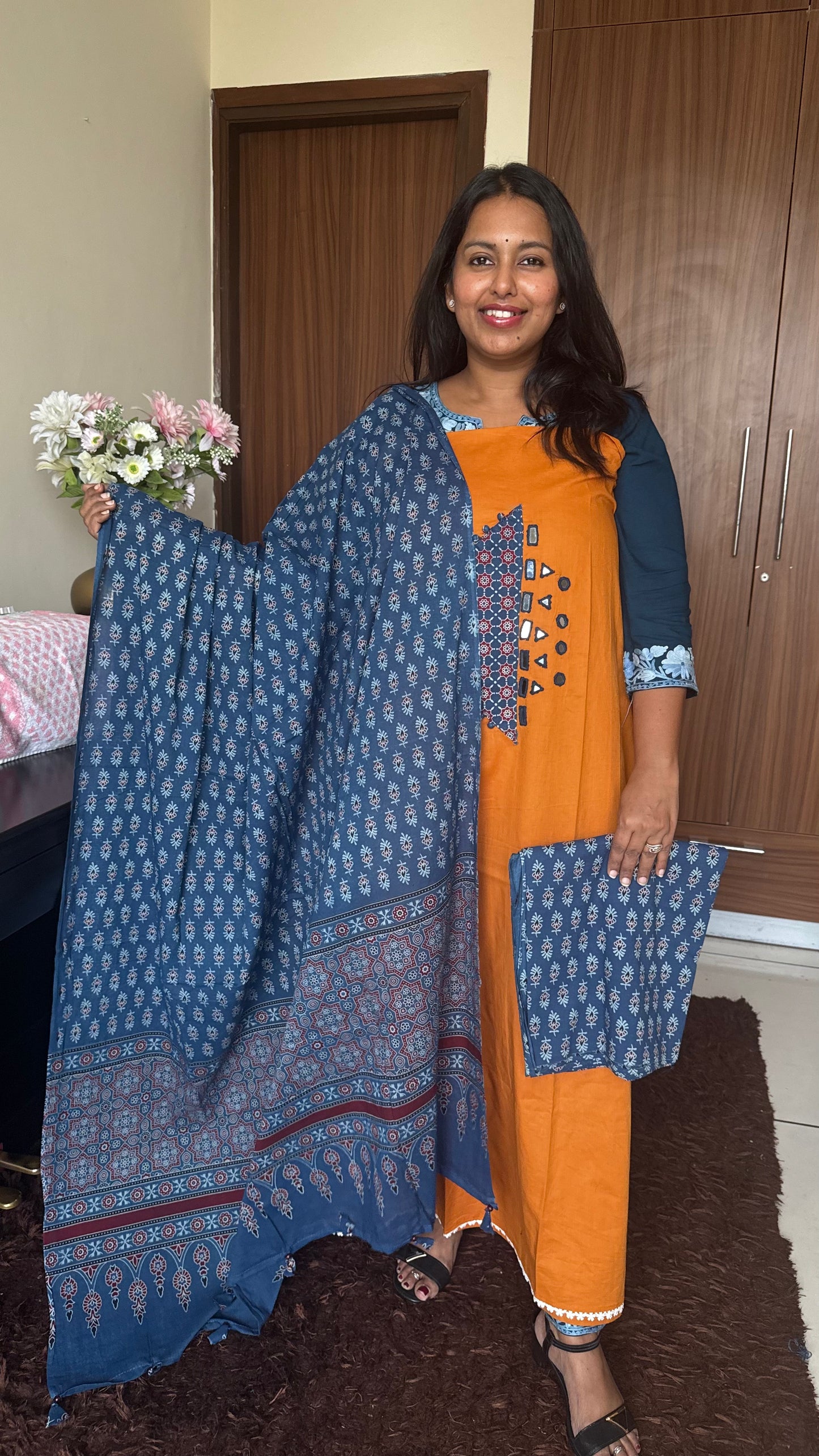 Mustard Yellow Cotton Suit Set with Angrakha Mirror Patchwork Yoke & Ajrakh Cotton Dupatta