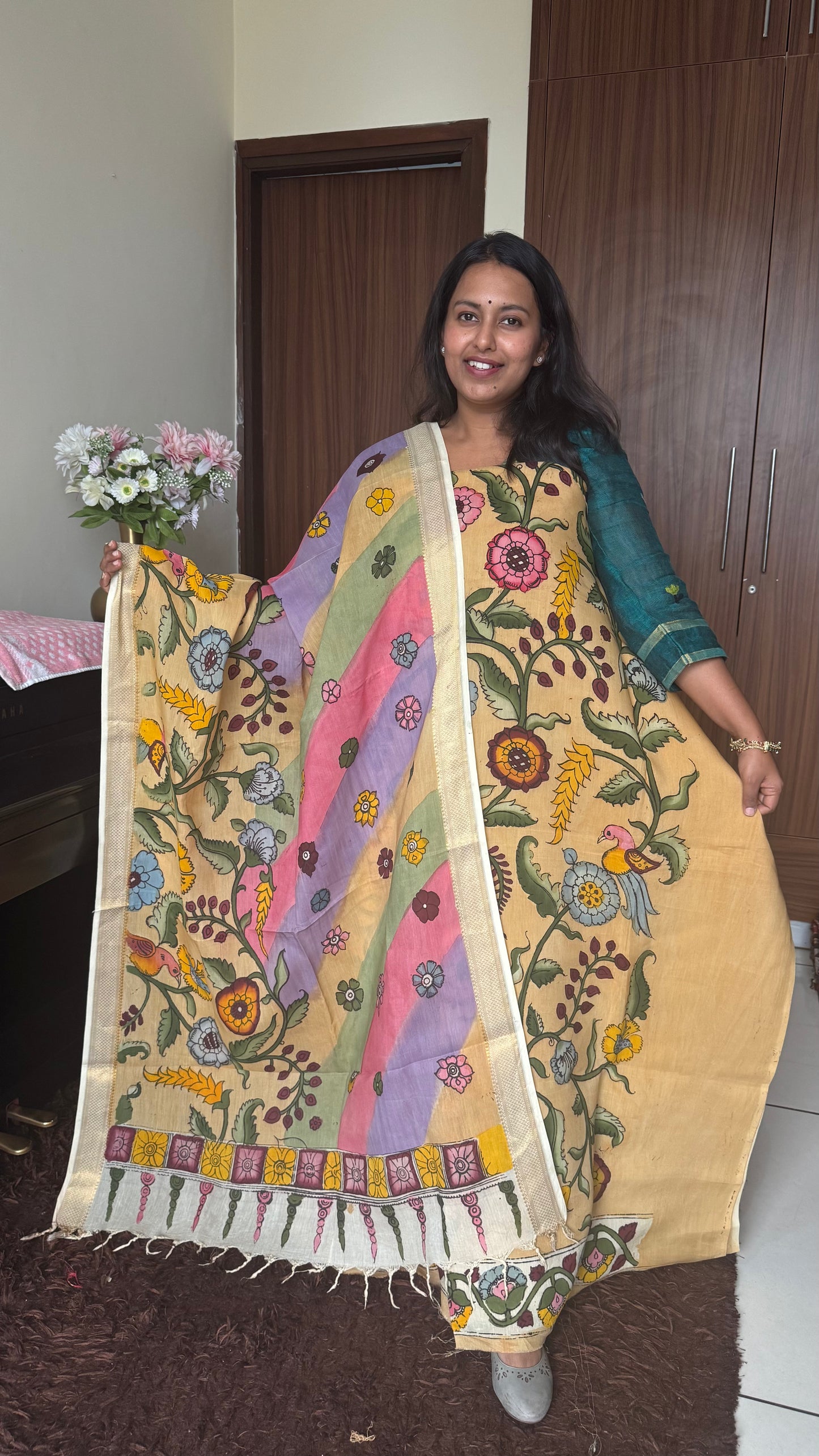 Biscuit Brown Bangalore Cotton Silk Kurta Dupatta-Kalamkari Art