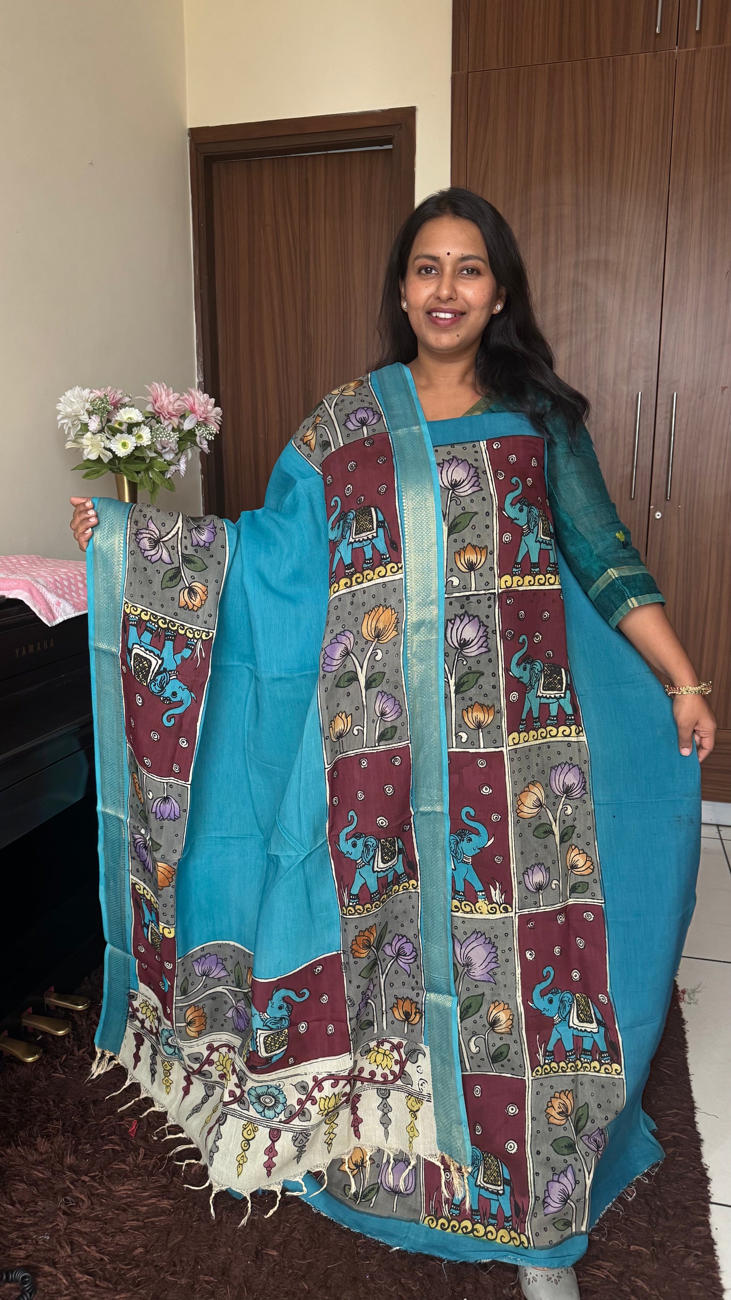 Indigo Blue Bangalore Cotton Silk Kurta Dupatta-Kalamkari Art