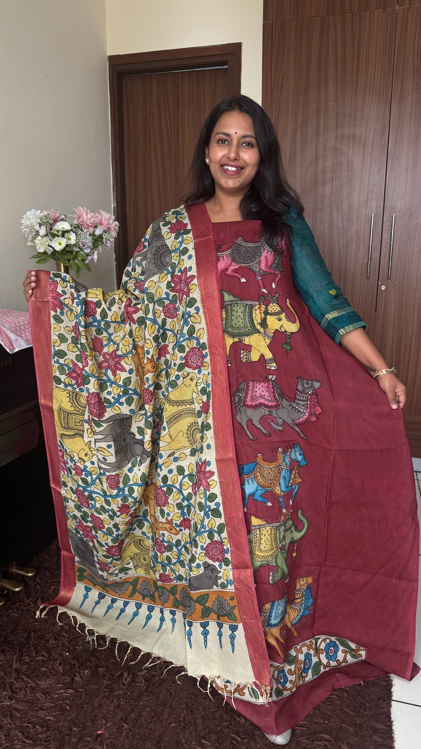 Maroon Brown Bangalore Cotton Silk Kurta Dupatta-Kalamkari Art