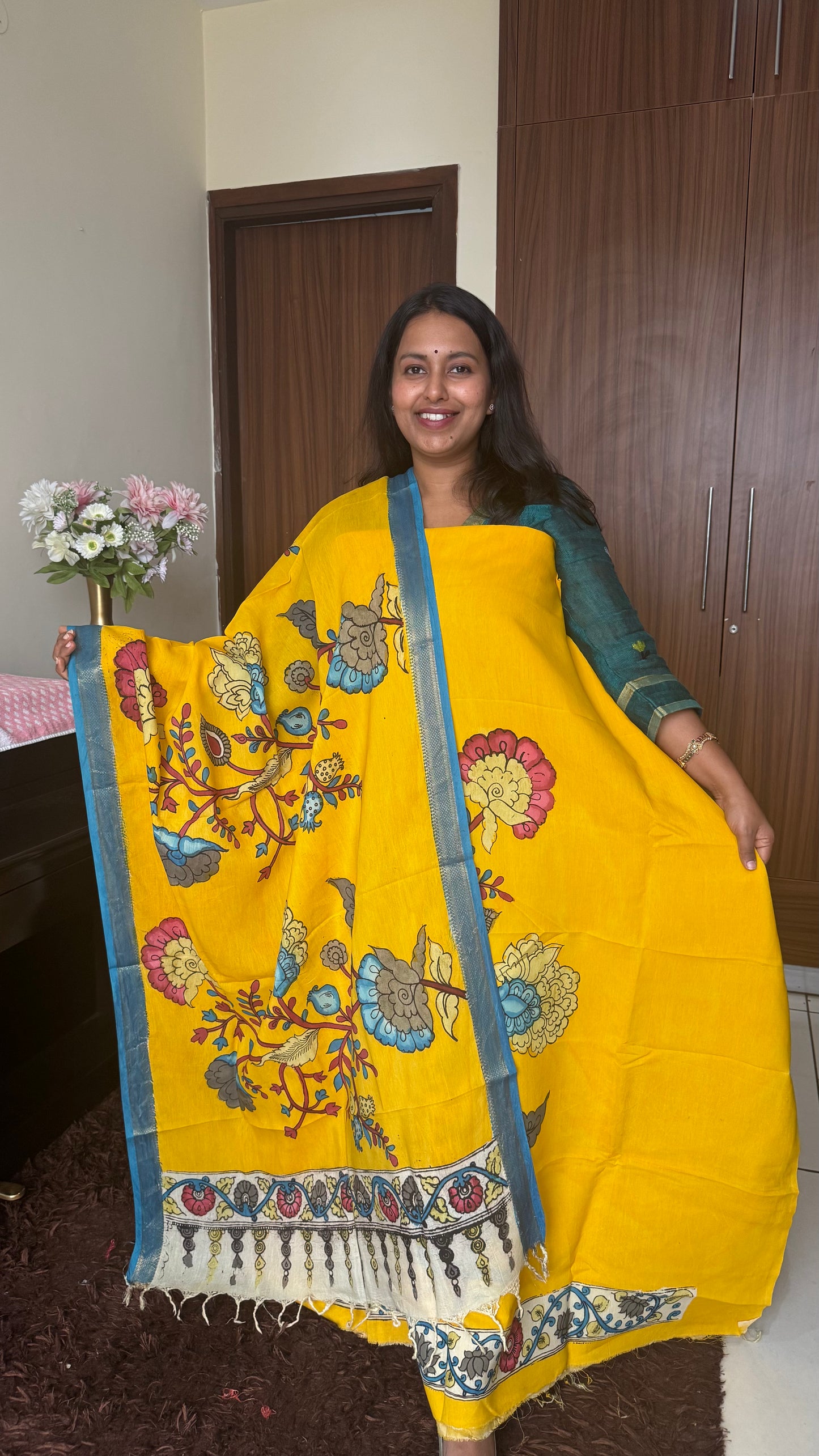 Sunflower Yellow Bangalore Cotton Silk Kurta Dupatta-Kalamkari Art