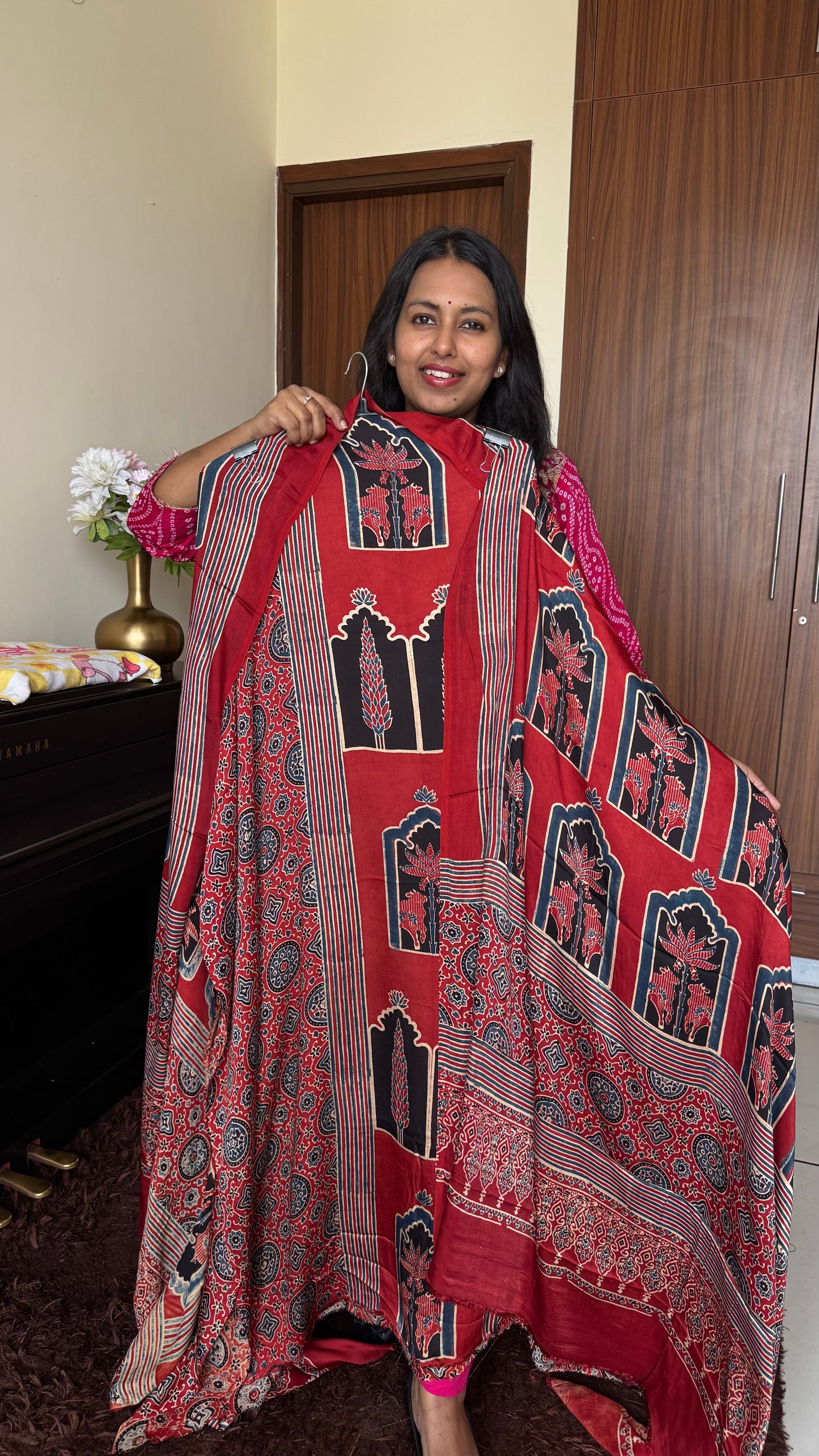 Red Shade Jharokha Motif Modal Silk Ajrakh Hand Block 2 pc Suit with Modal Silk Dupatta