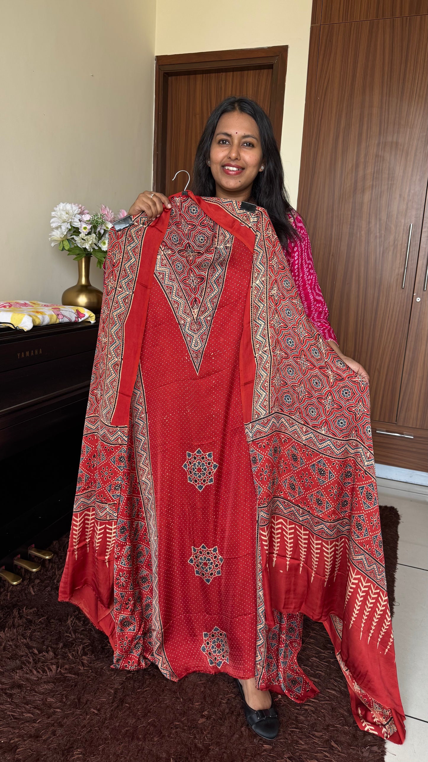 Red Shade Triangle Star Motif Modal Silk Ajrakh Hand Block 2 pc Suit with Modal Silk Dupatta