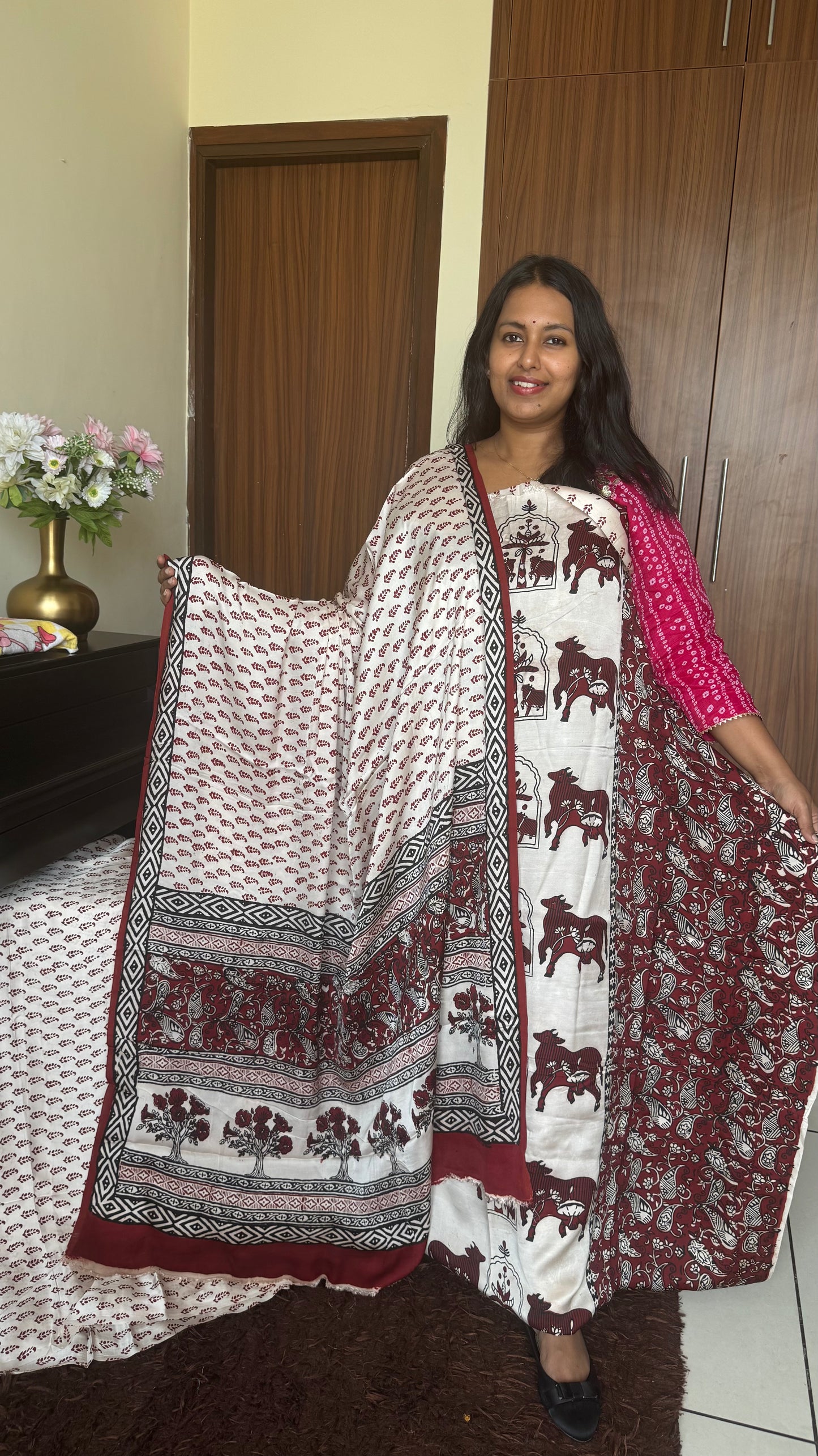 White Shade Kamdhenu Motif Bagh Handblock Modal Silk Suit Set - 3 Piece