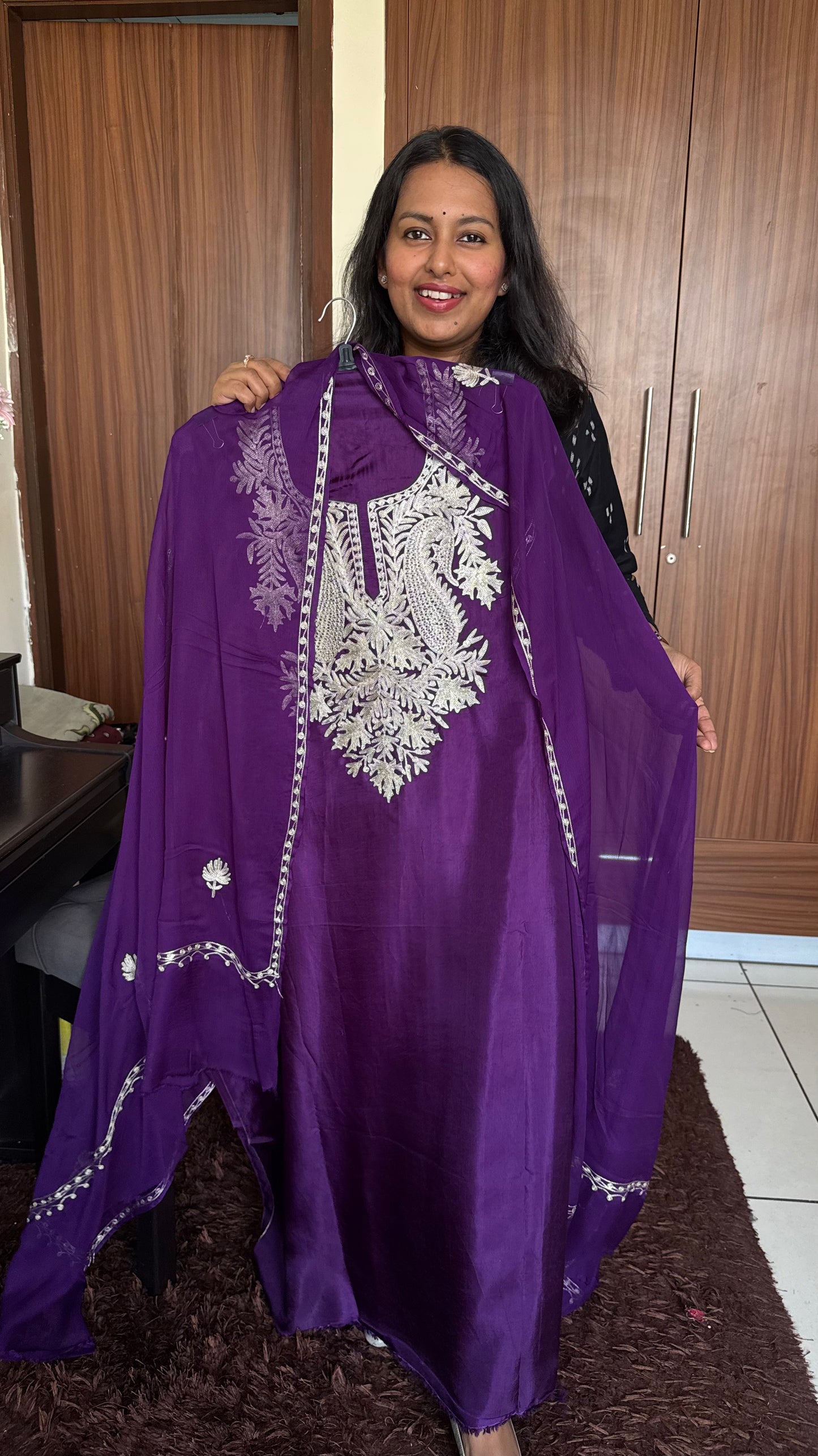 Faalsi Purple Uppada Silk 3 Piece Suit Set with Kashmiri Tilla Embroidery