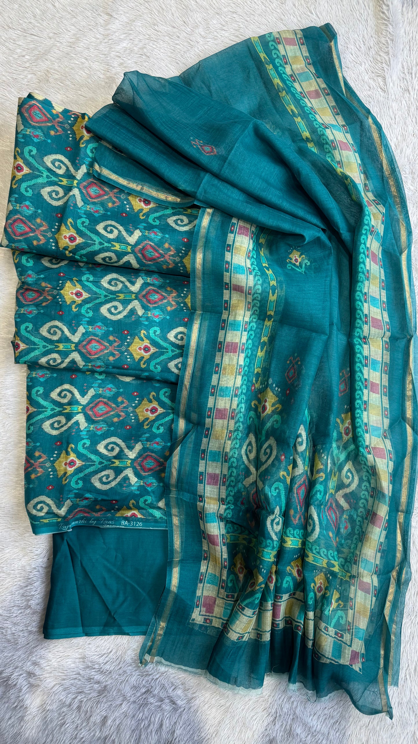 Cyan Blue Mul Chanderi Uzbek-Ikkat Print Suit Set-3 Piece