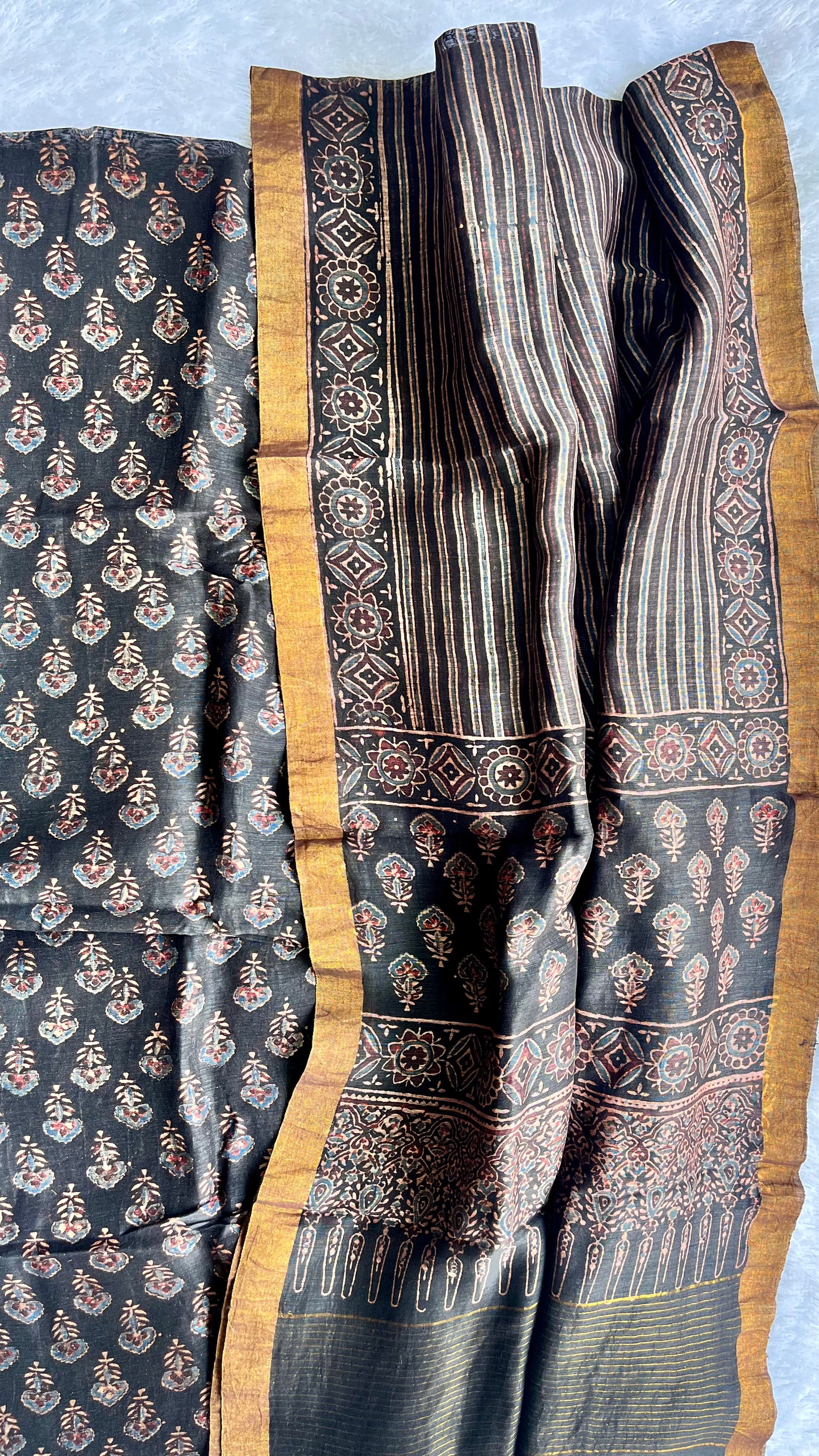 Alluring Black Pure Ajrakh Linen 2 pc Suit Material