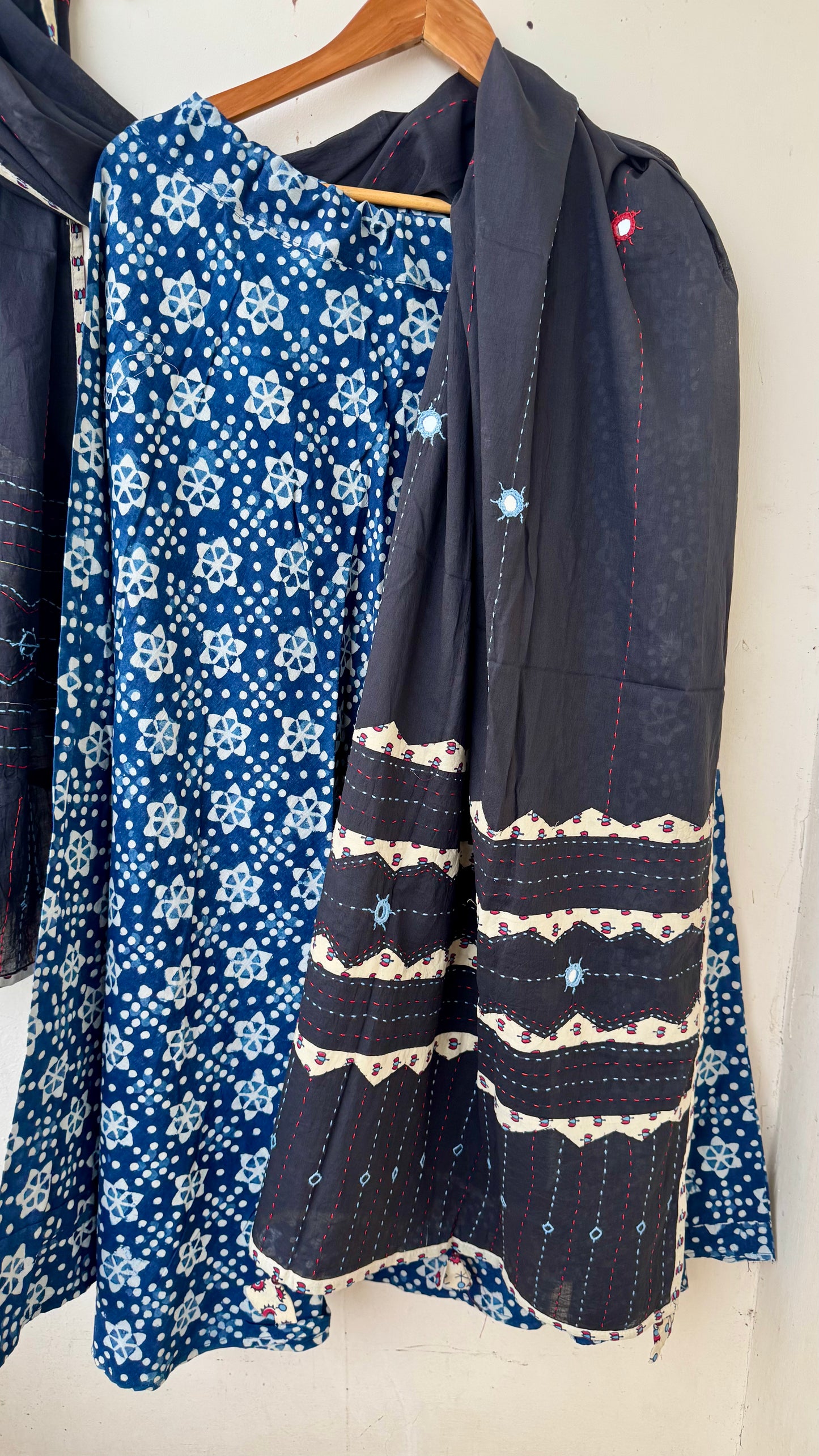 Blue Shade Pure Cotton Ajrakh Skirts with Applique Ajrakh Dupatta