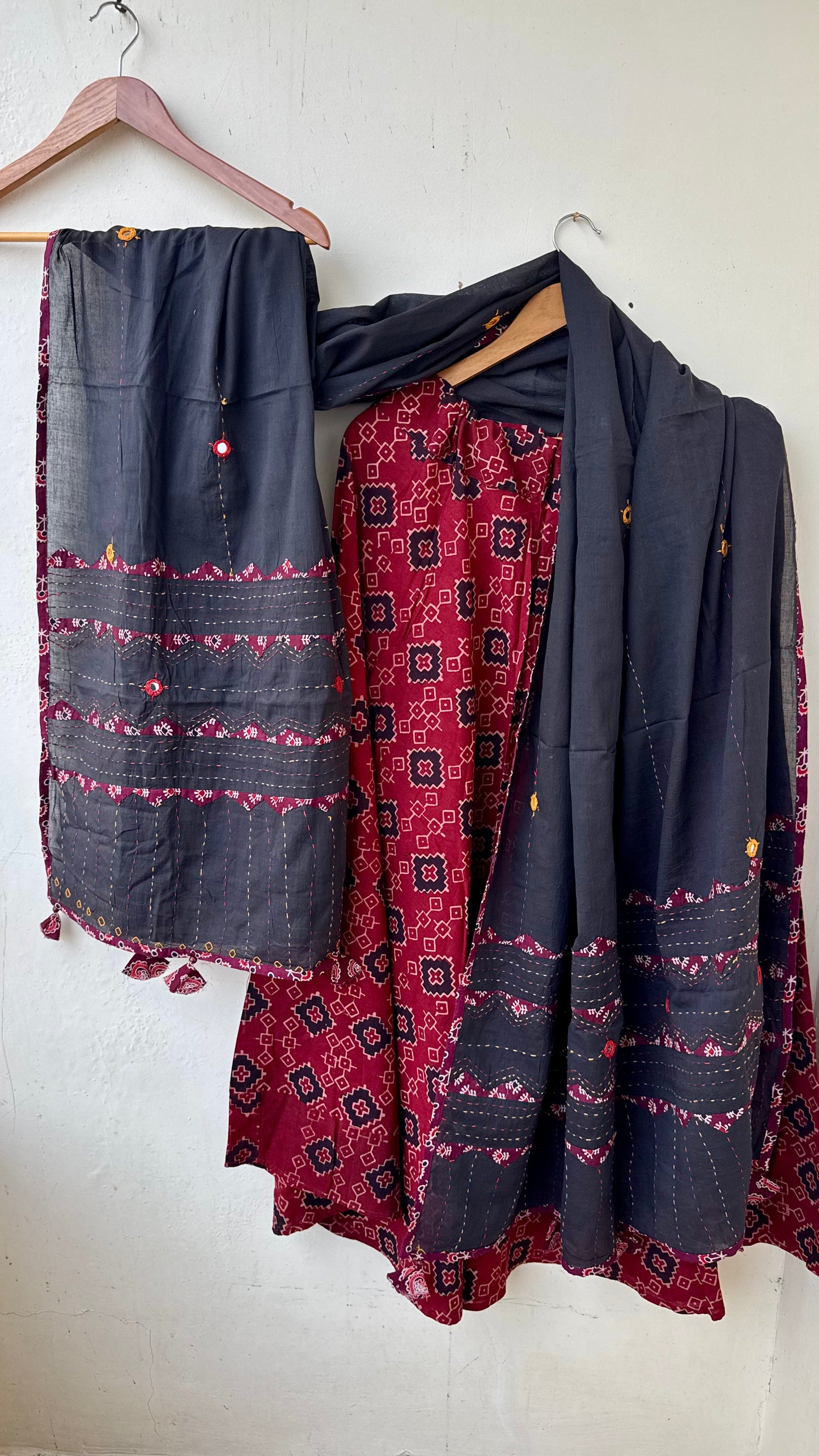 Red Shade Pure Cotton Ajrakh Skirt with Applique Ajrakh MirrorWork Dupatta
