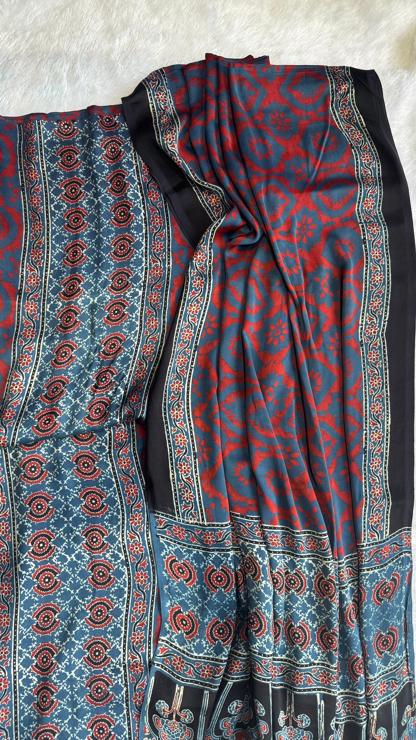 Indigo Grey Diamond Jaal Motif Modal Silk Kurta with Ajrakh Modal Dupatta