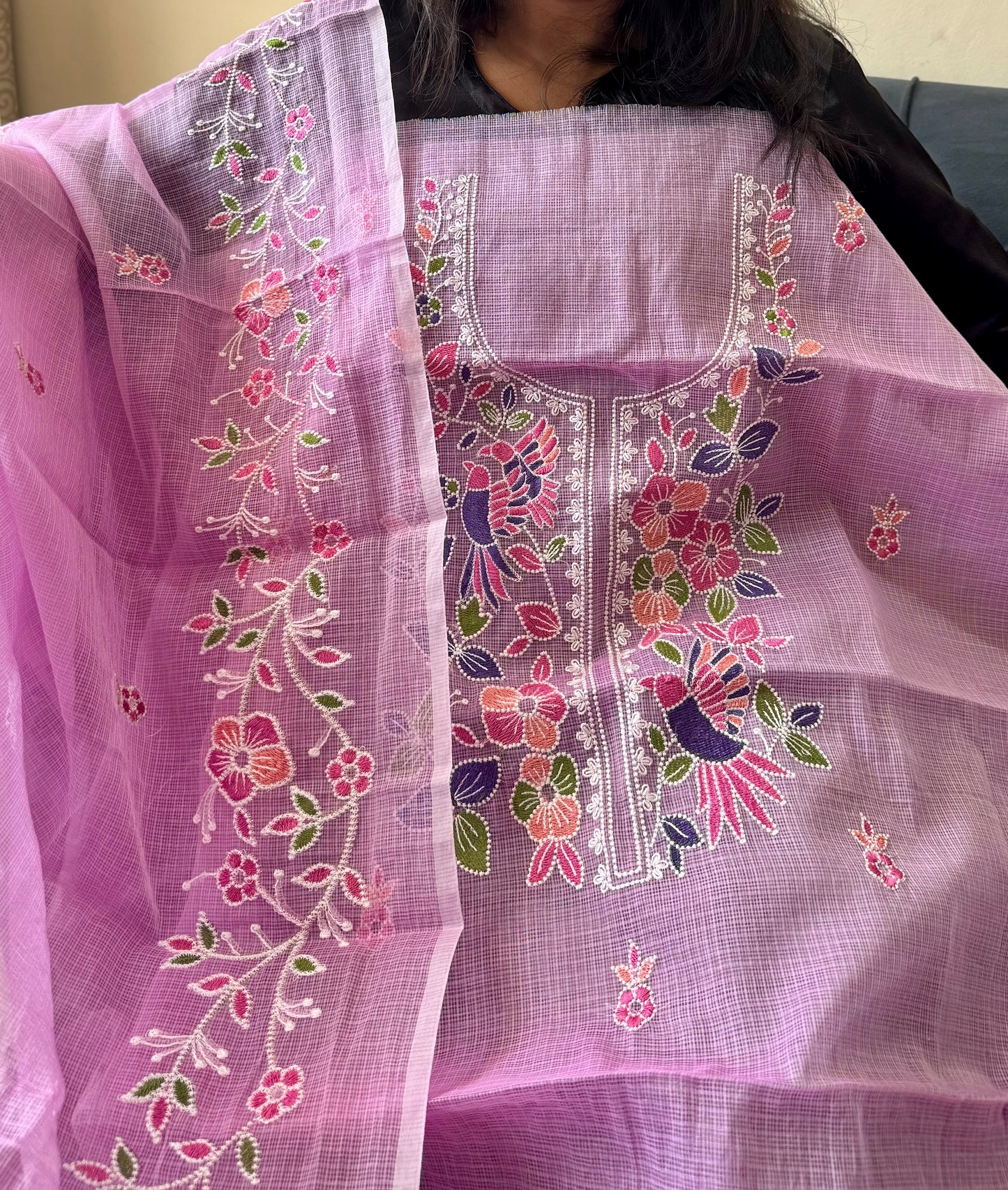 Soft Lavender Kota Doria 3 Piece Suit Set with Bird Motif and Kota Doria Dupatta