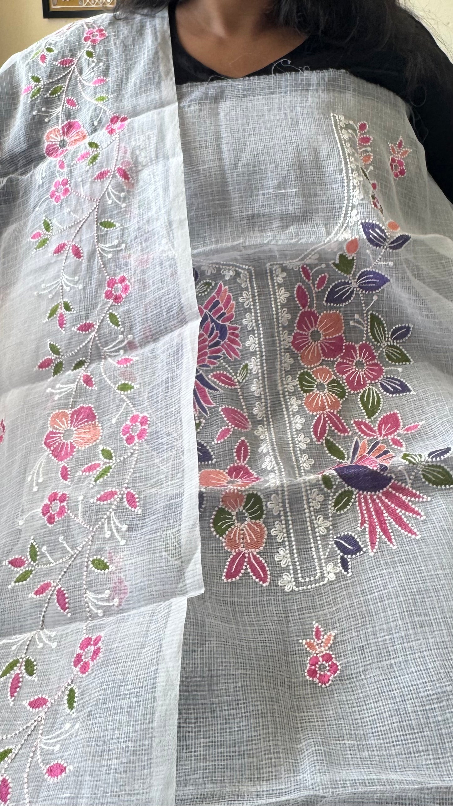 Angel White Kota Doria 3 Piece Suit Set with Bird Motif and Kota Doria Dupatta