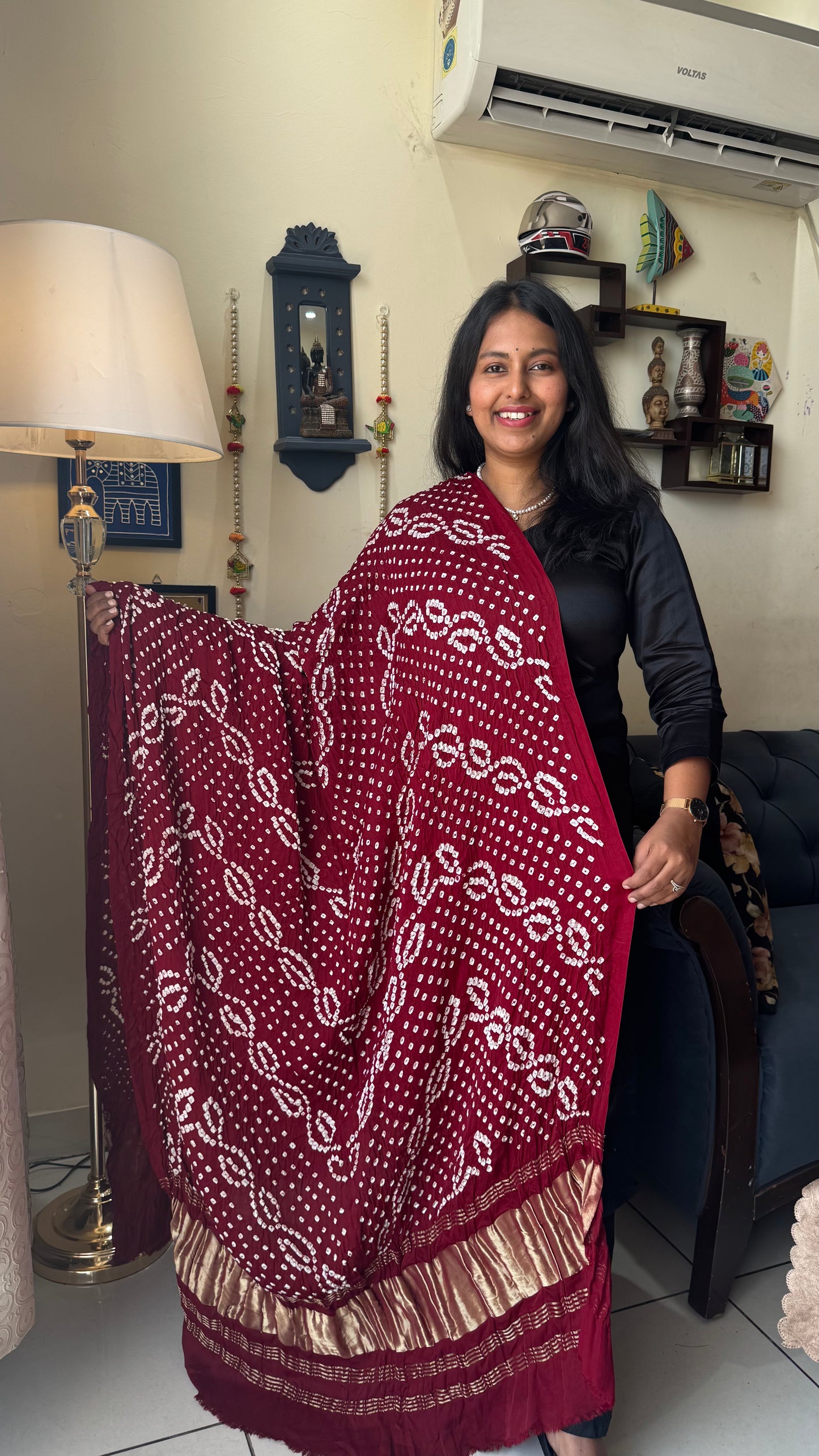 Deep Red Shade Bandhej Modal Silk Dupatta with Lagdi Patti