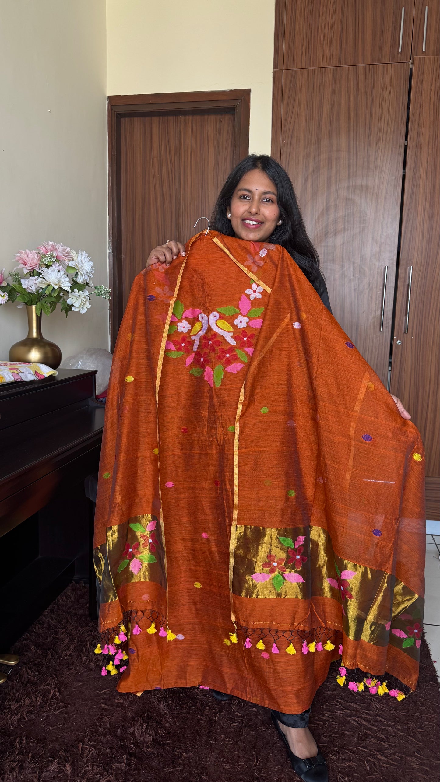 Rust Orange Jamdaani Resham Muslin with Paithani Dupatta-2Pc