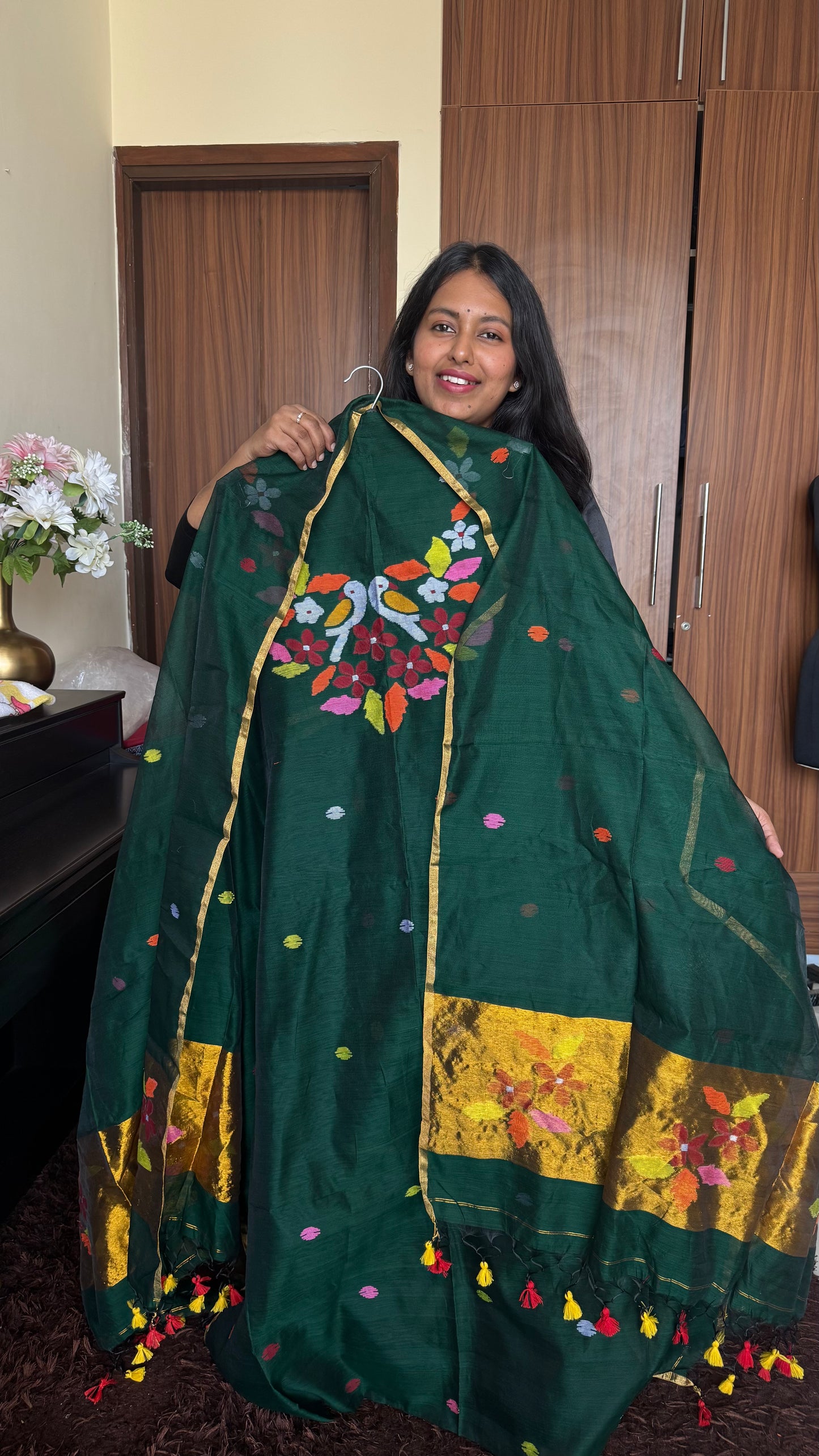 Forest Green Jamdaani Resham Muslin with Paithani Dupatta-2Pc