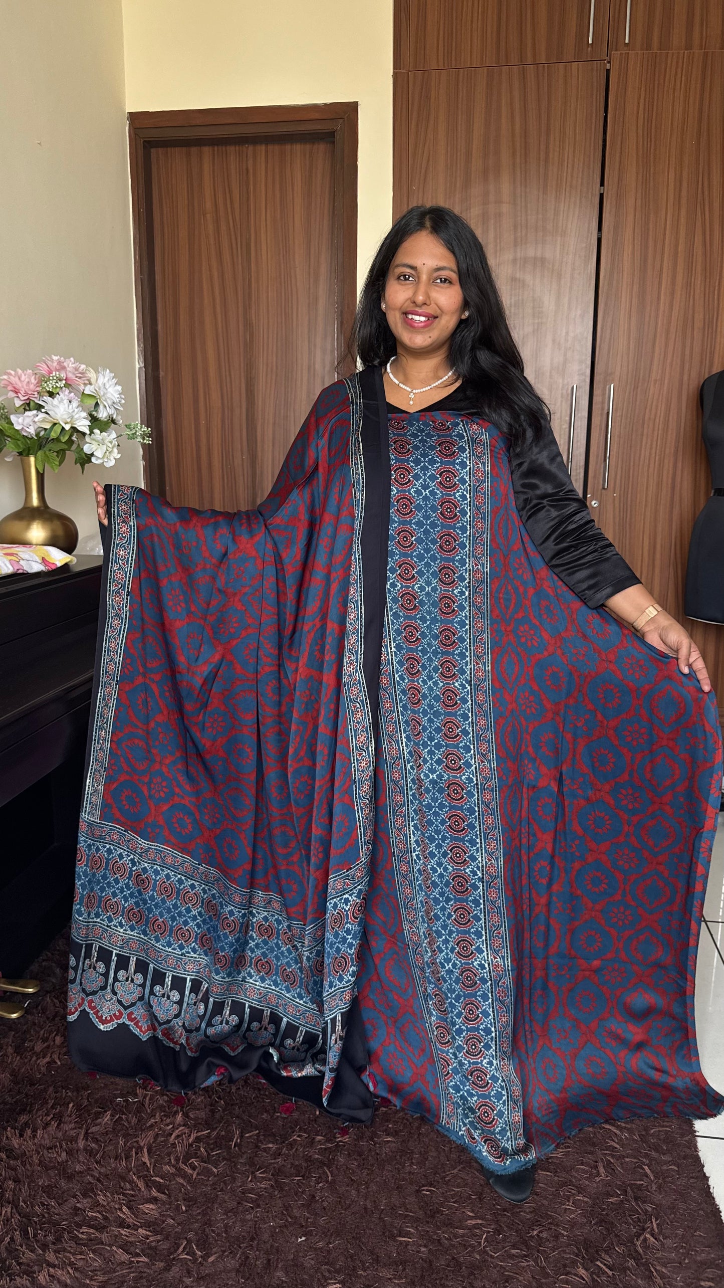 Blue Diamond Motif Modal Silk Ajrakh Natural Dyed Hand Block Print 2pc Set