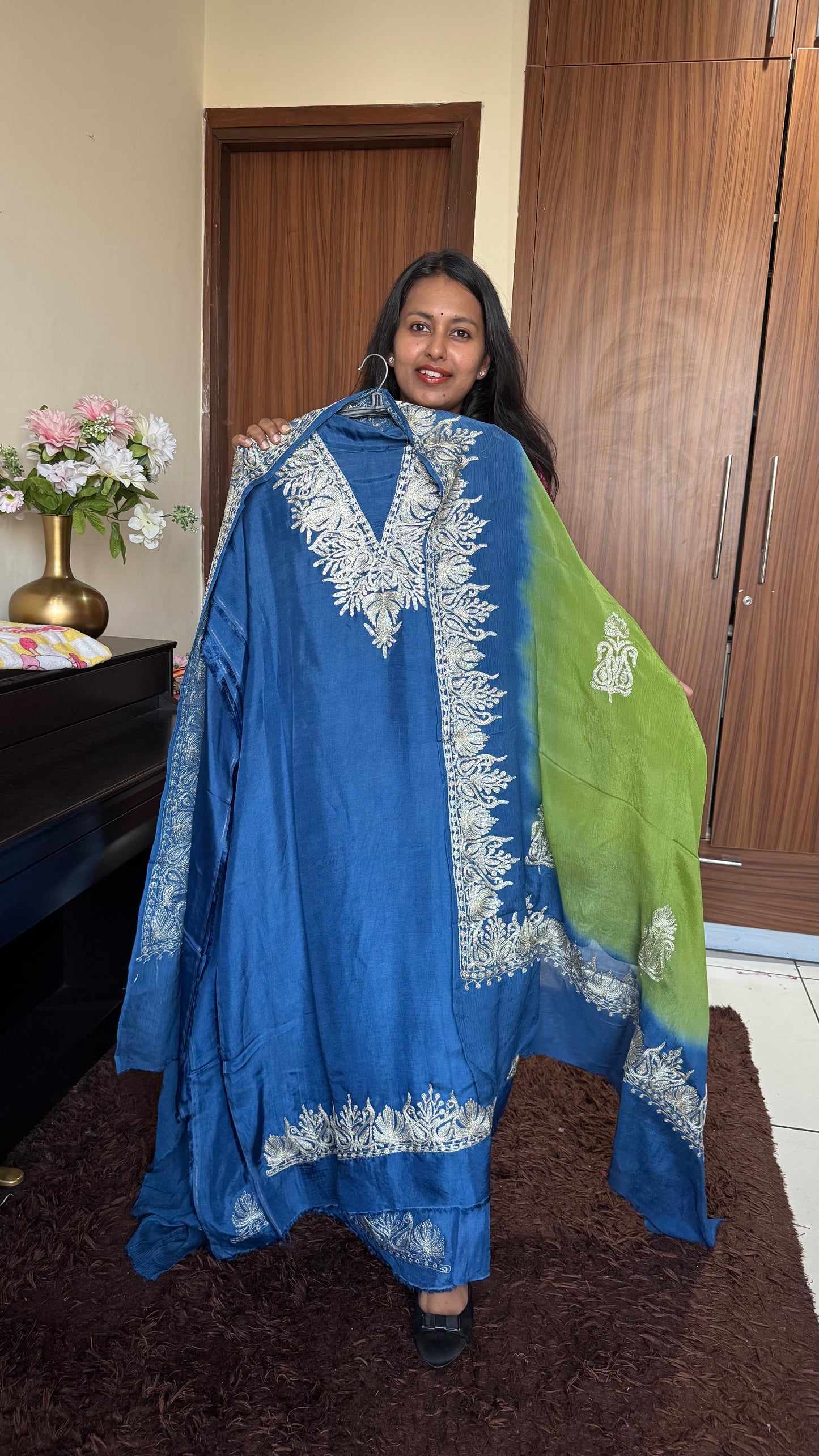Blue Dual Shade Uppada Silk Suit with Kashmiri Tilla Embroidery & Uppada Silk Bottom