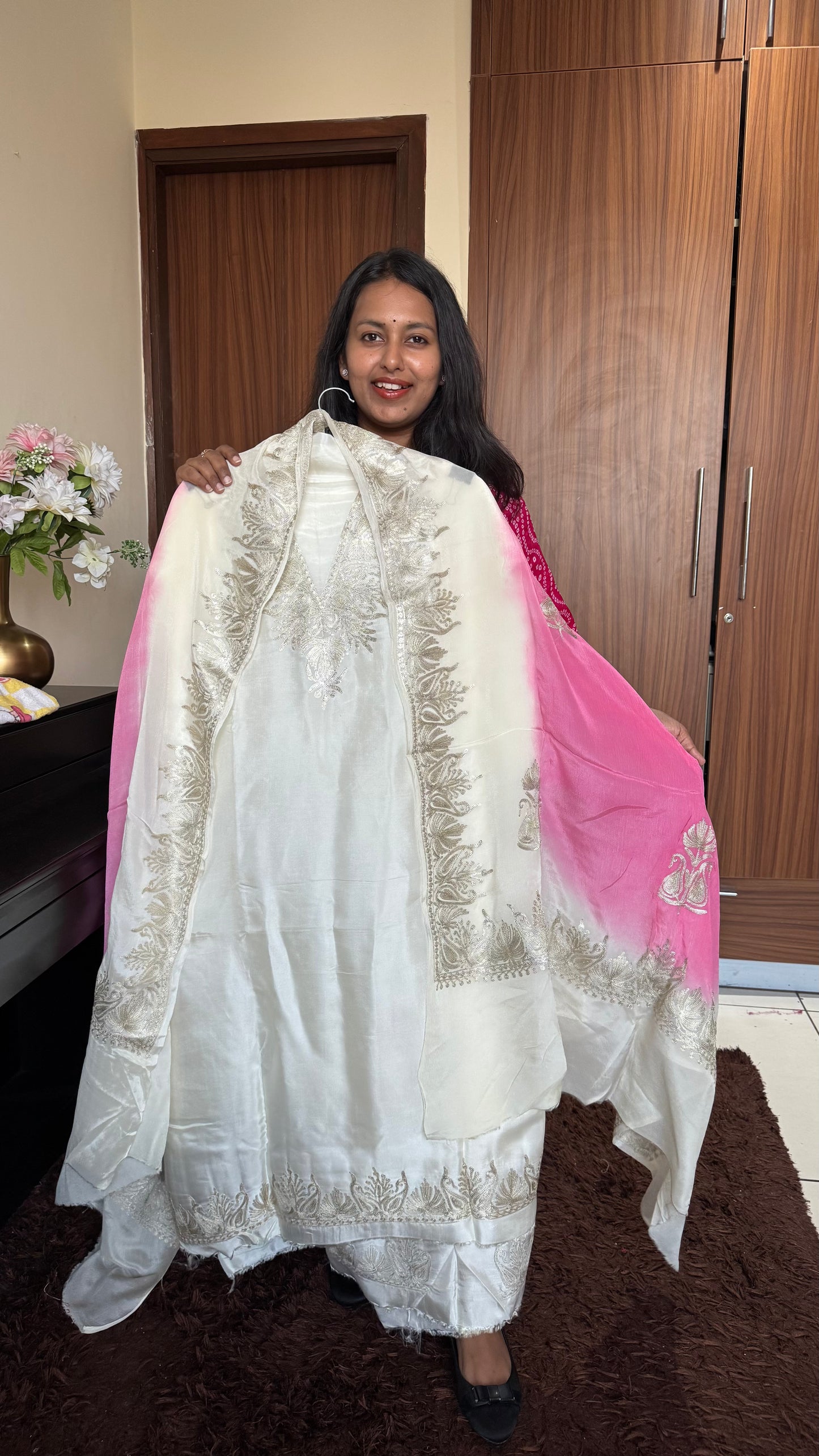 White Dual Shade Uppada Silk Suit with Kashmiri Tilla Embroidery & Uppada Silk Bottom