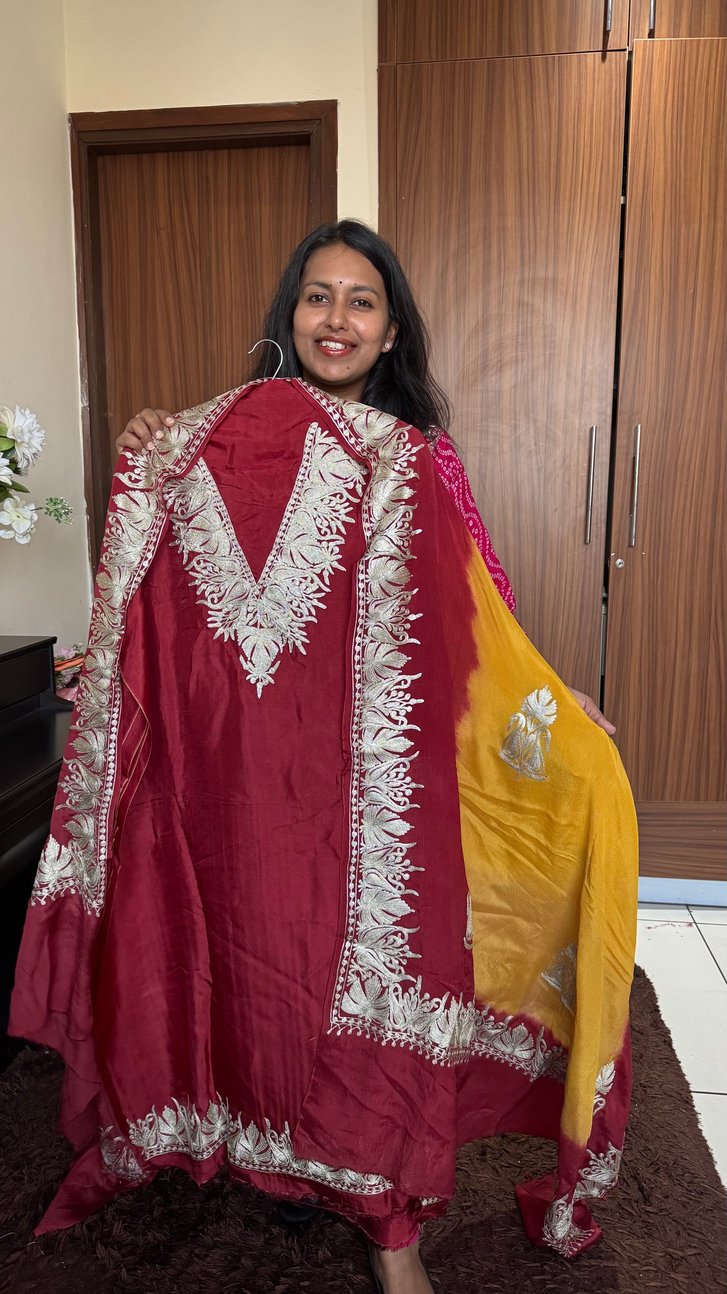 Red Dual Shade Uppada Silk Suit with Kashmiri Tilla Embroidery & Uppada Silk Bottom