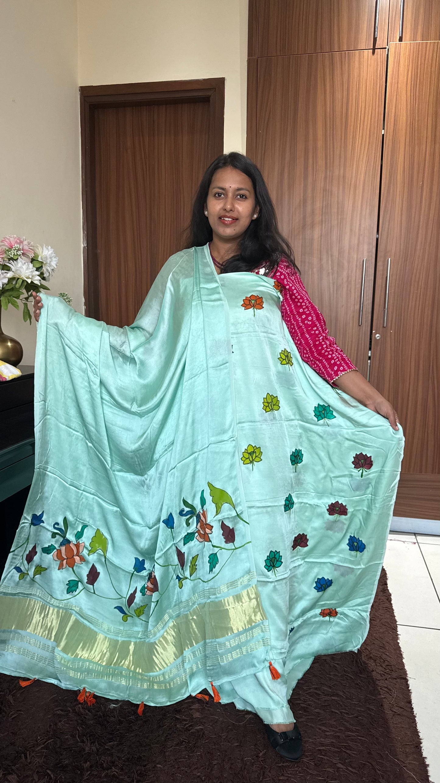 Cyan Green Lotus Motif Hand Painted 2 Piece Suit Material with Modal Silk Lagdi Patti Dupatta