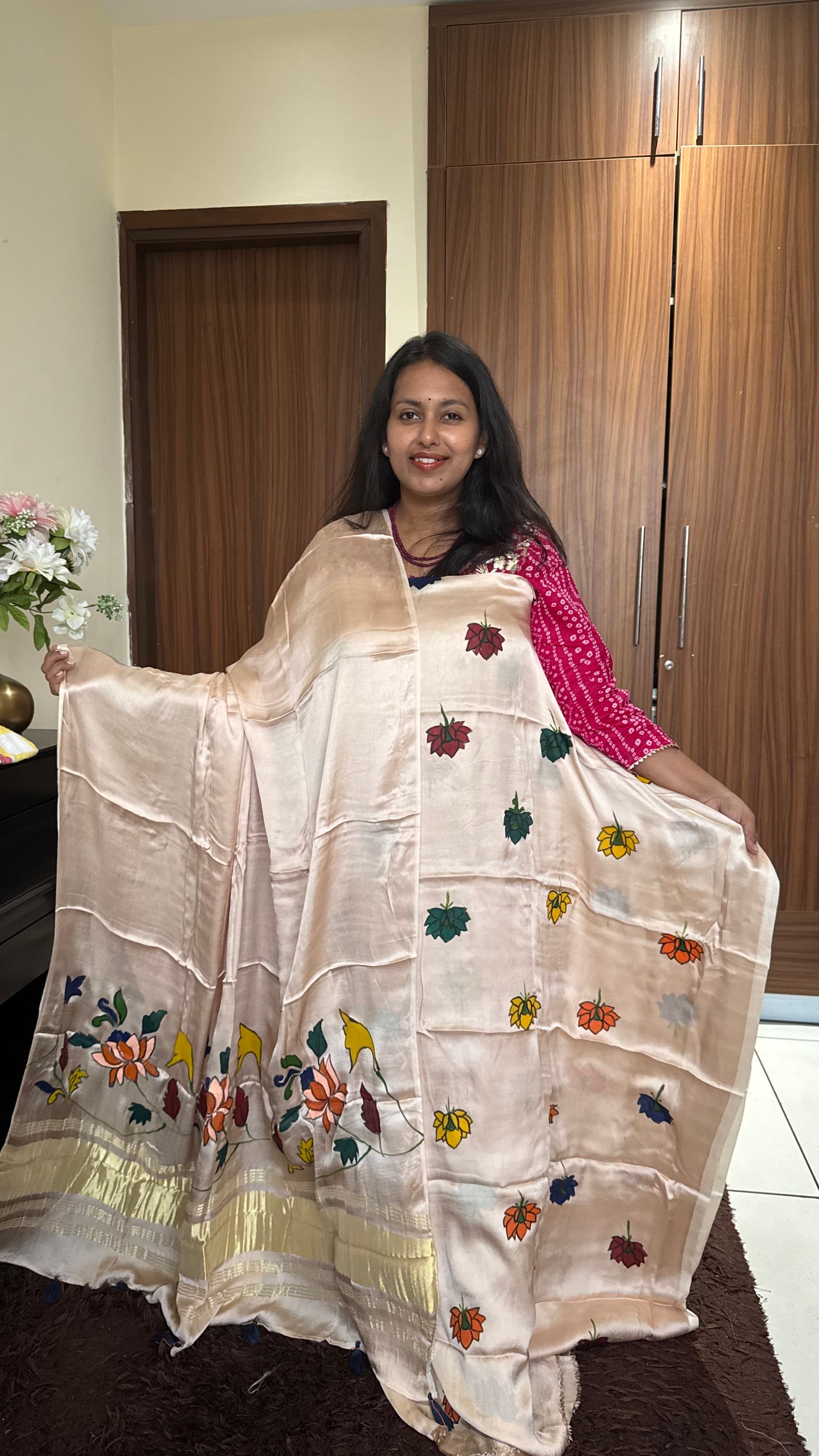 Badami Lotus Motif Hand Painted 2 Piece Suit Material with Modal Silk Lagdi Patti Dupatta