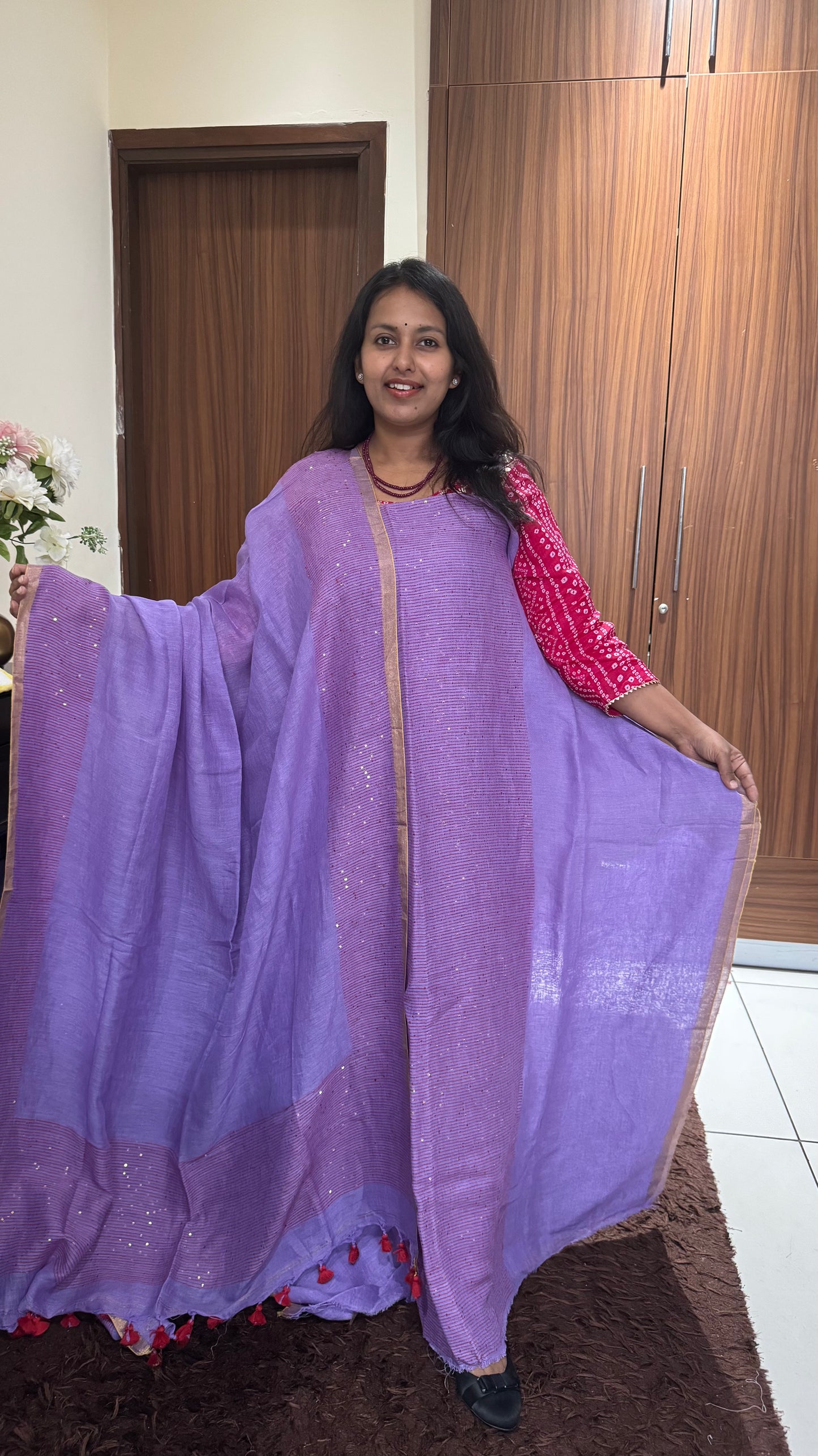 Lavender Shade Pure Linen on Linen Hand Woven Suit Set with Sequins Work and Tassels (Copy)