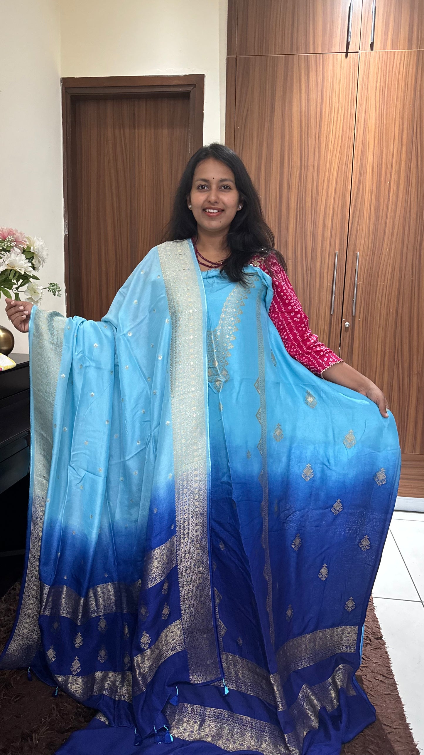 Royal Blue Dola Silk 3pc Suit Set with Zari Yoke/Dupatta and Matching Lower