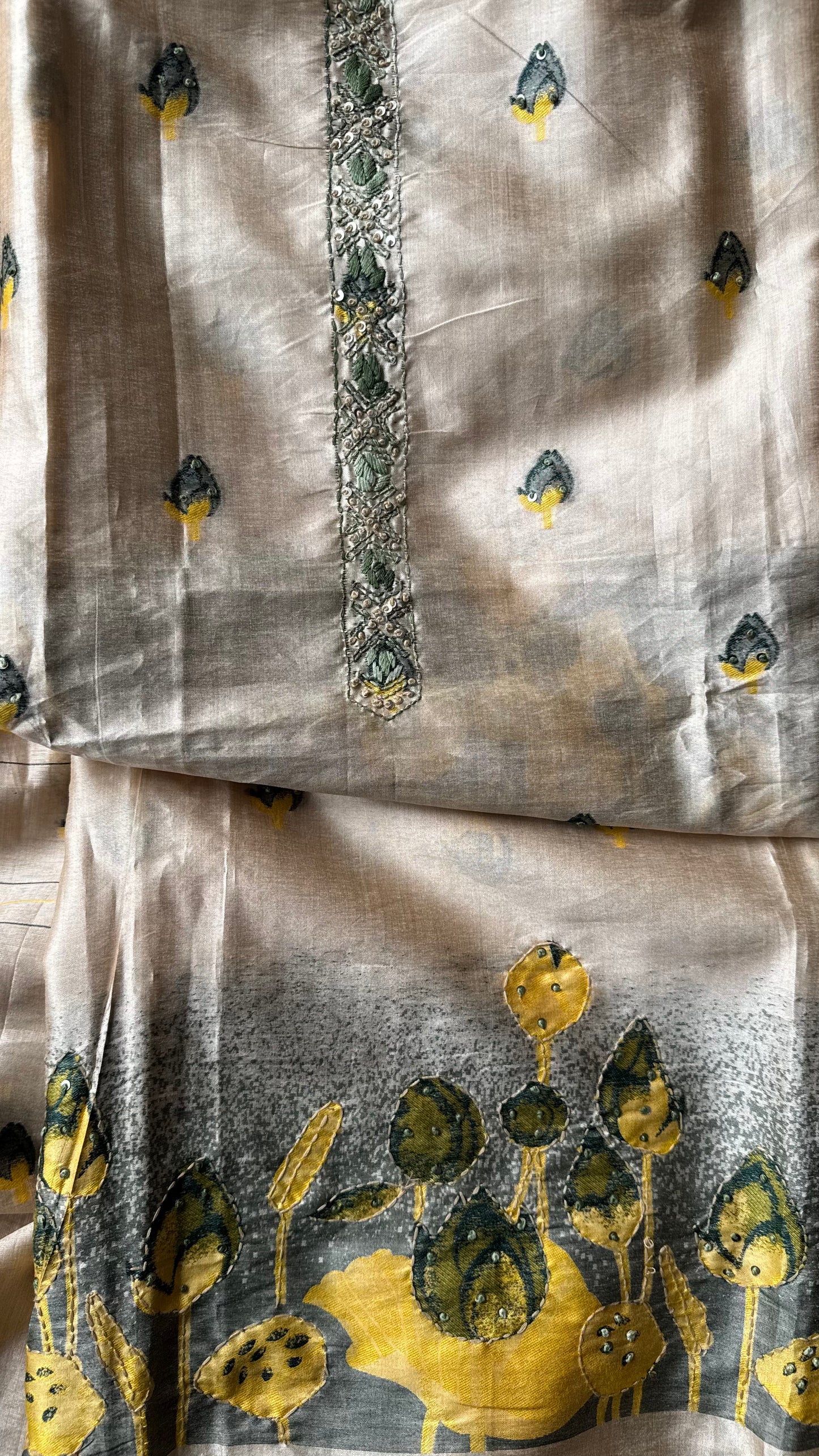Beige Shade Silk Cotton Suit Set Zari-Thread Work Yoke