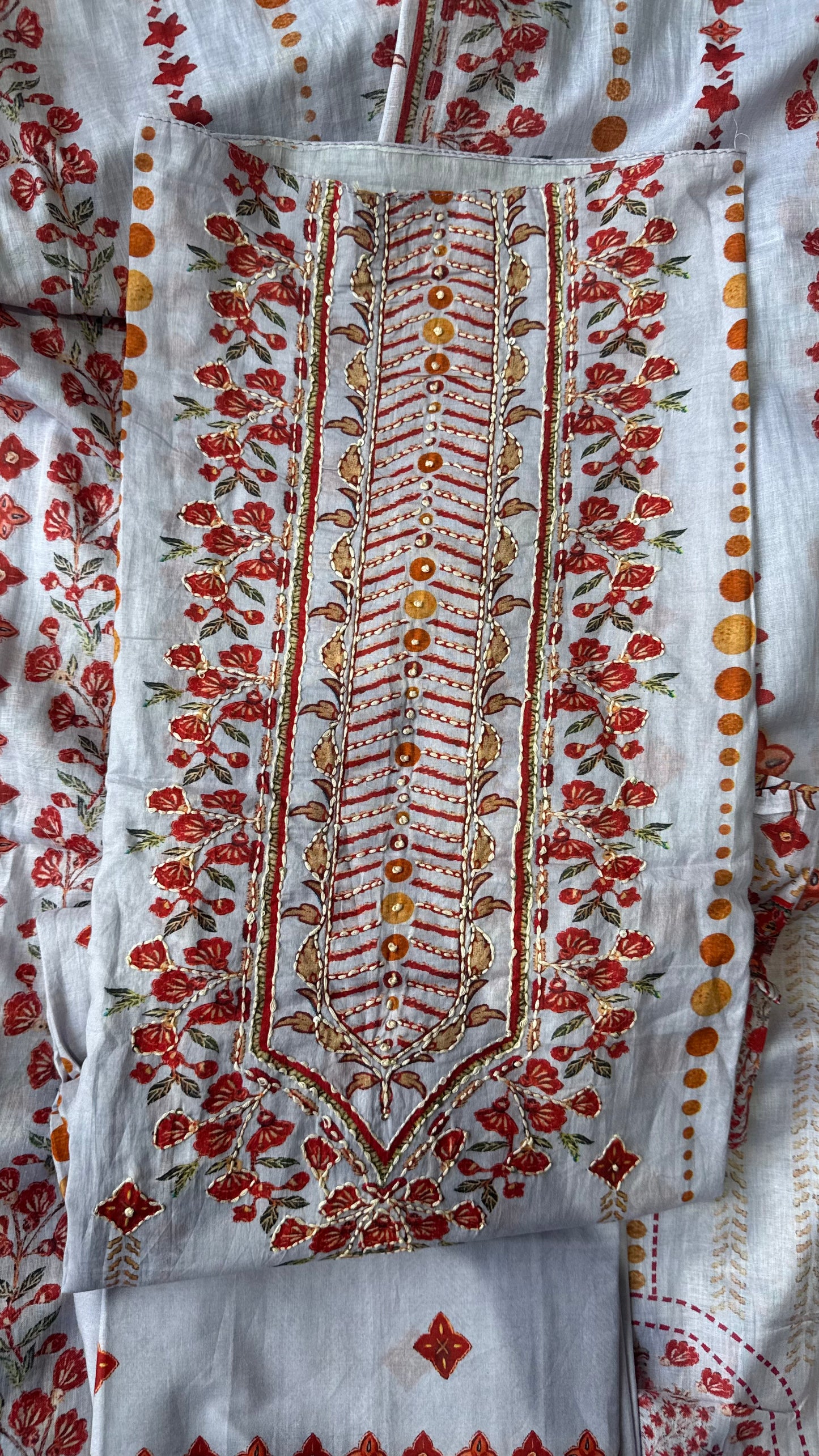 Light Blue Grey Kadhi Cotton with Thread and Moti Work-3Pc
