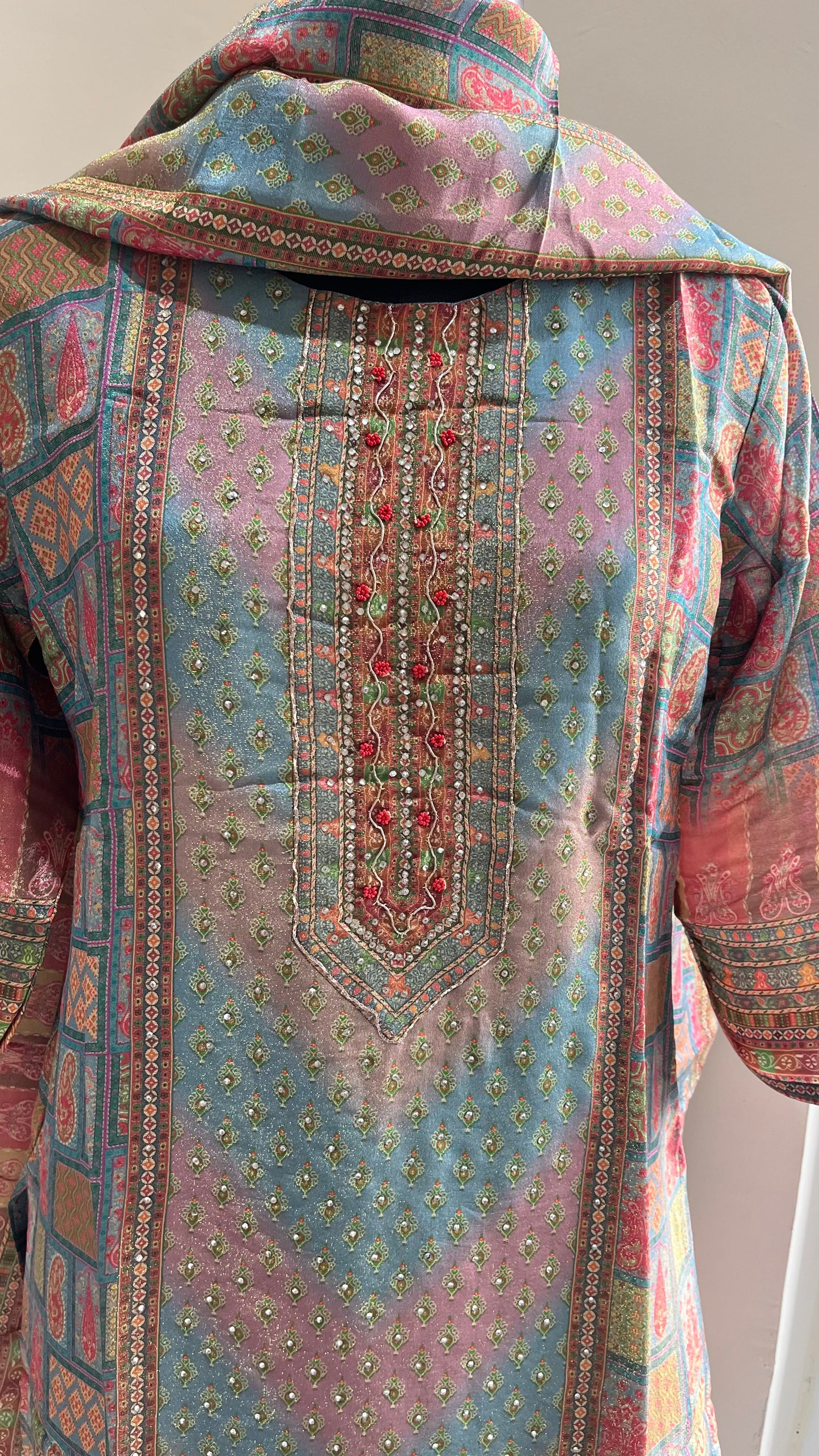 Multi Toned Floral Motif Pure Tissue Shimmer Suit Set with Shimmer Dupatta