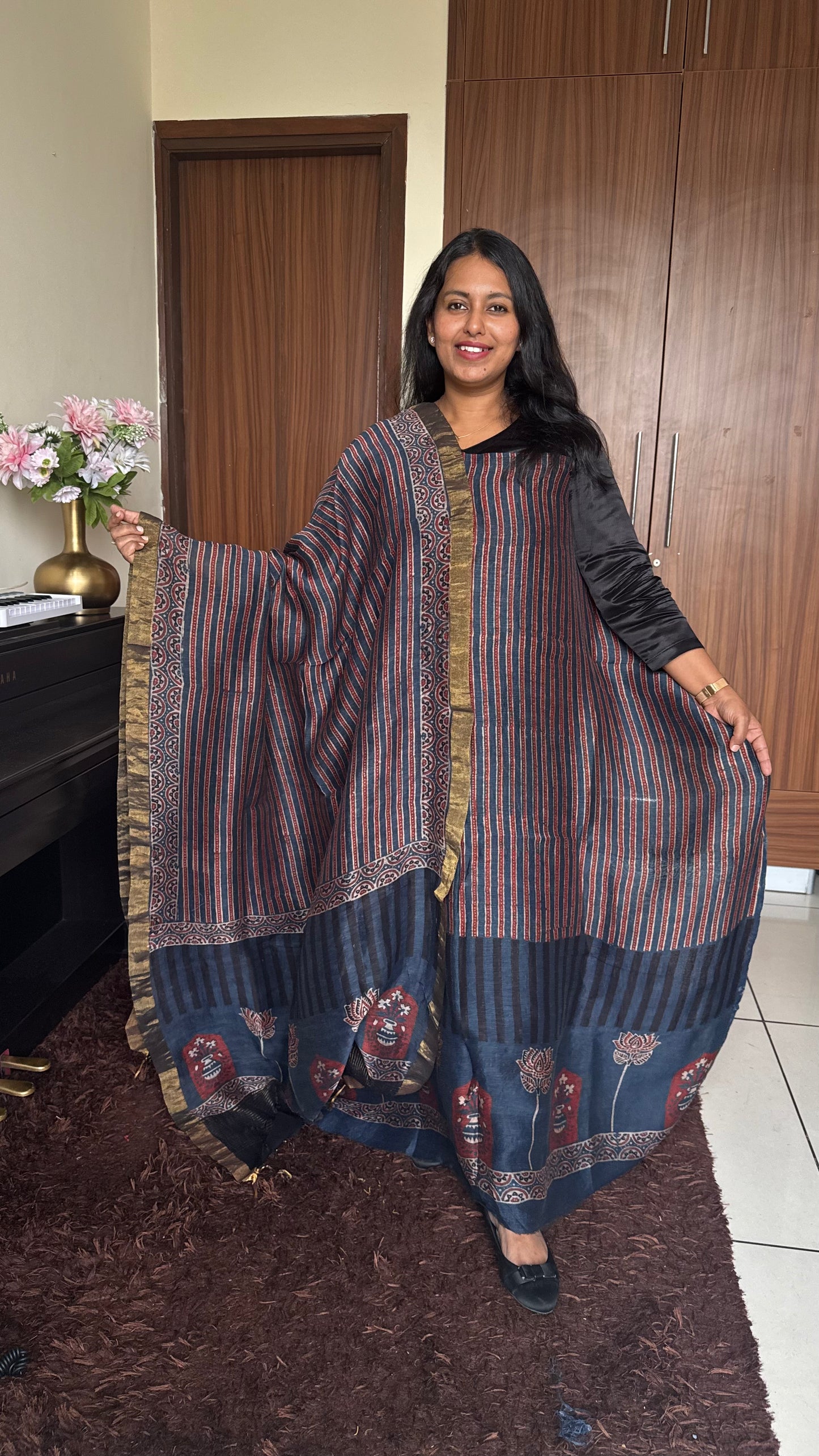 Navy Blue Straight Strips Kamal Buta Pure Ajrakh Silk Linen 2 pc Suit Material